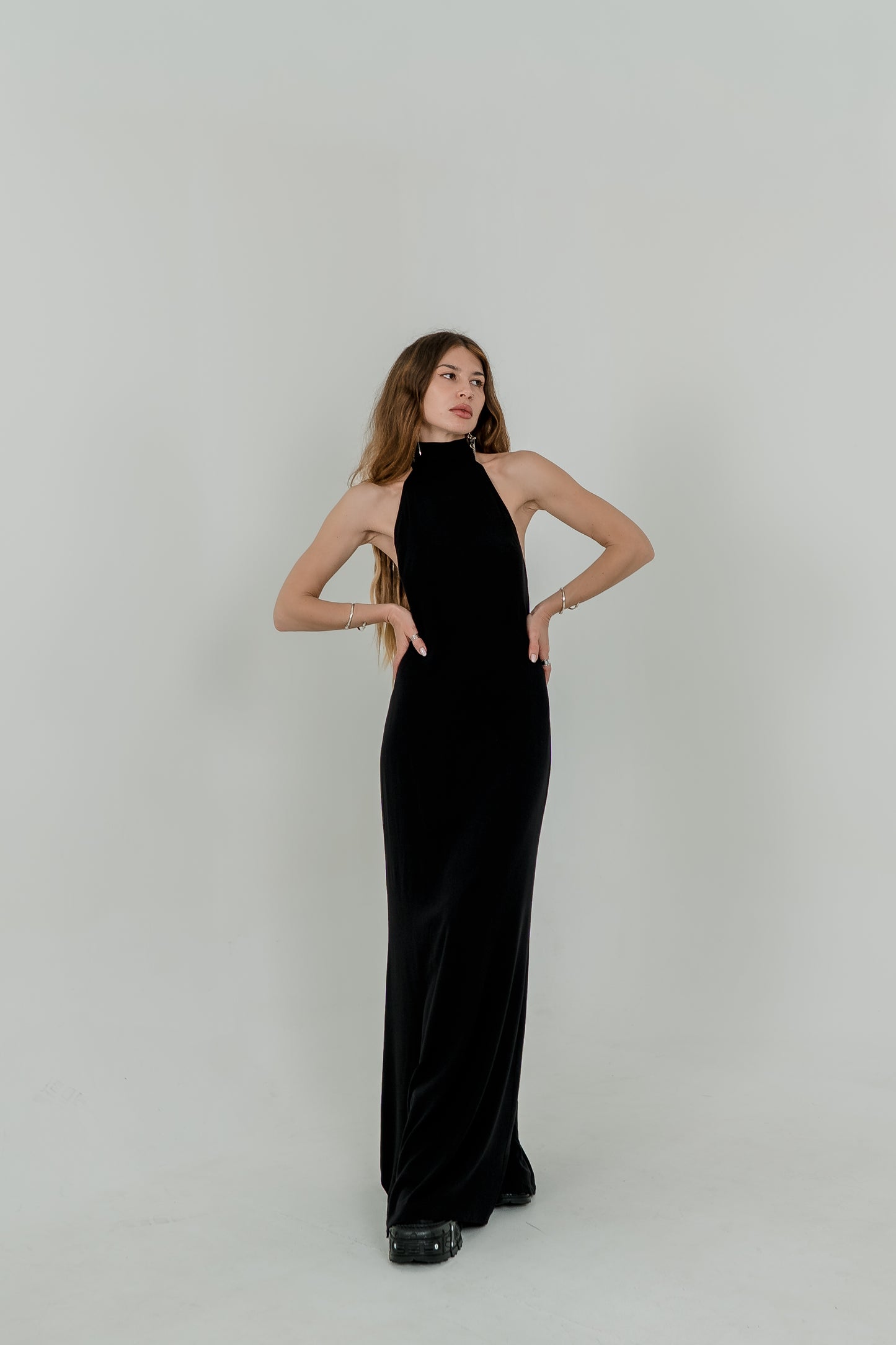 Black Maxi Viscose Dress — High Neck & Open Back