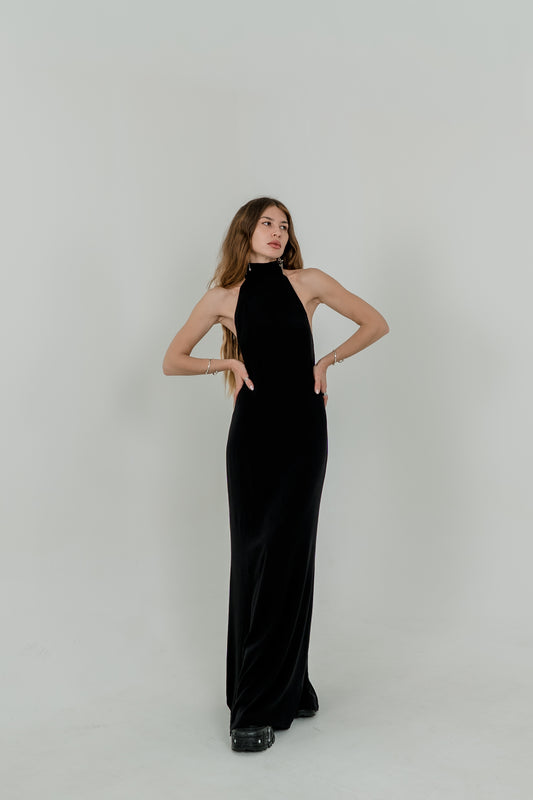 Black Maxi Viscose Dress — High Neck & Open Back