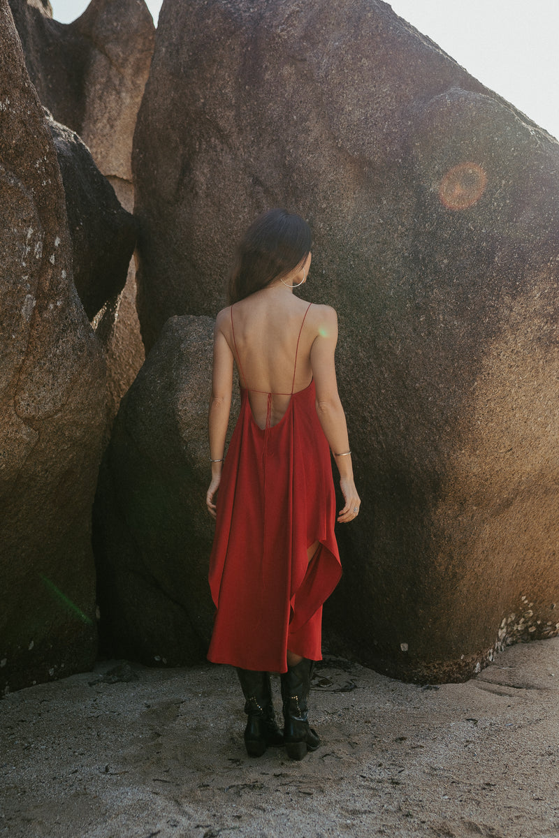 Red midi slip dress with open back