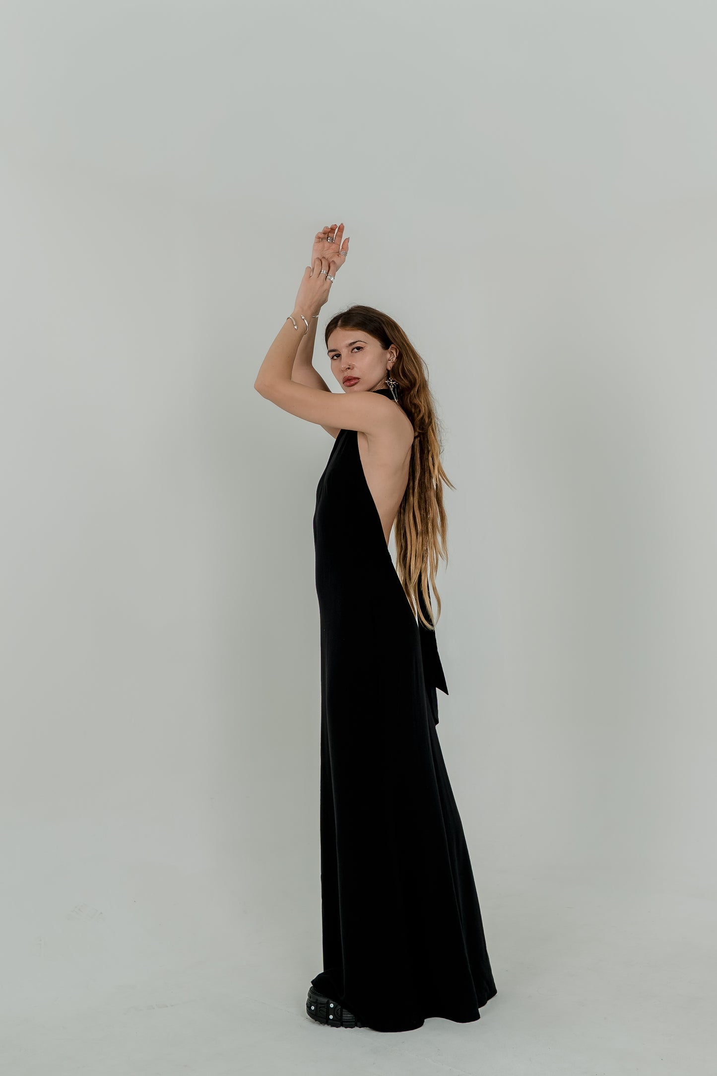 Black Maxi Viscose Dress — High Neck & Open Back