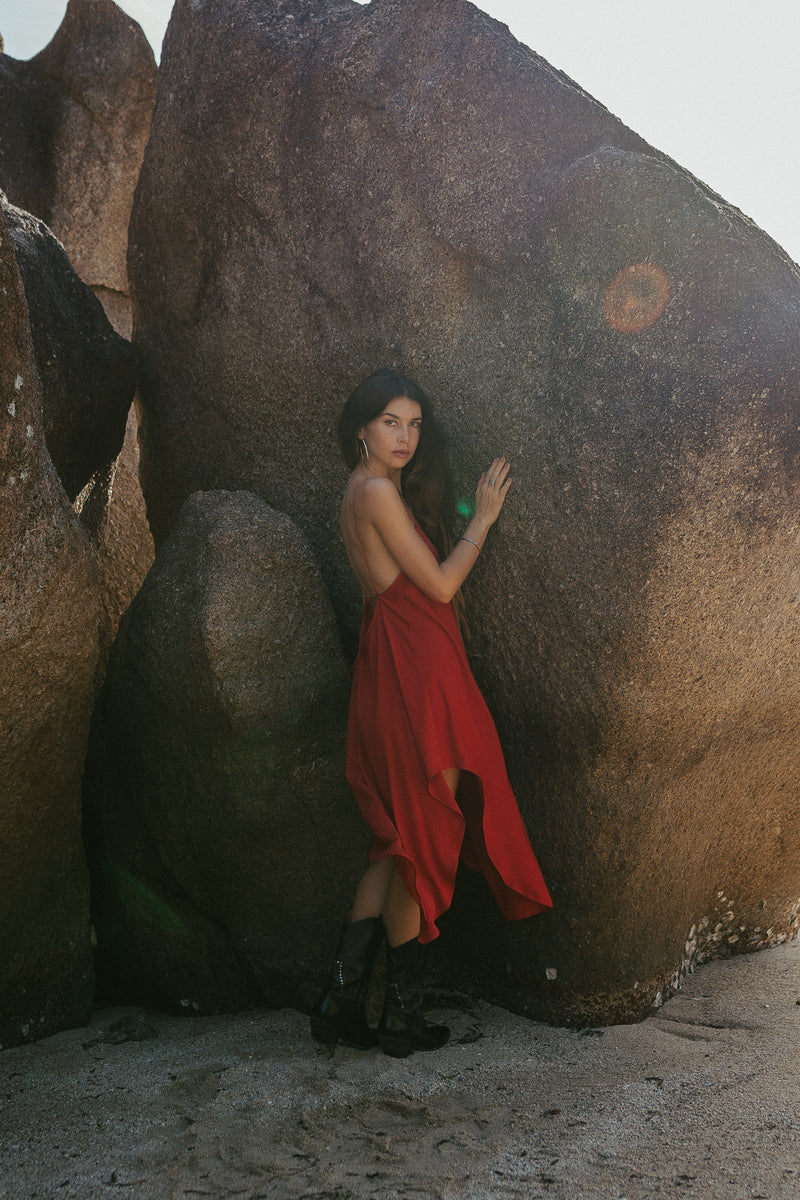 Red midi slip dress with open back