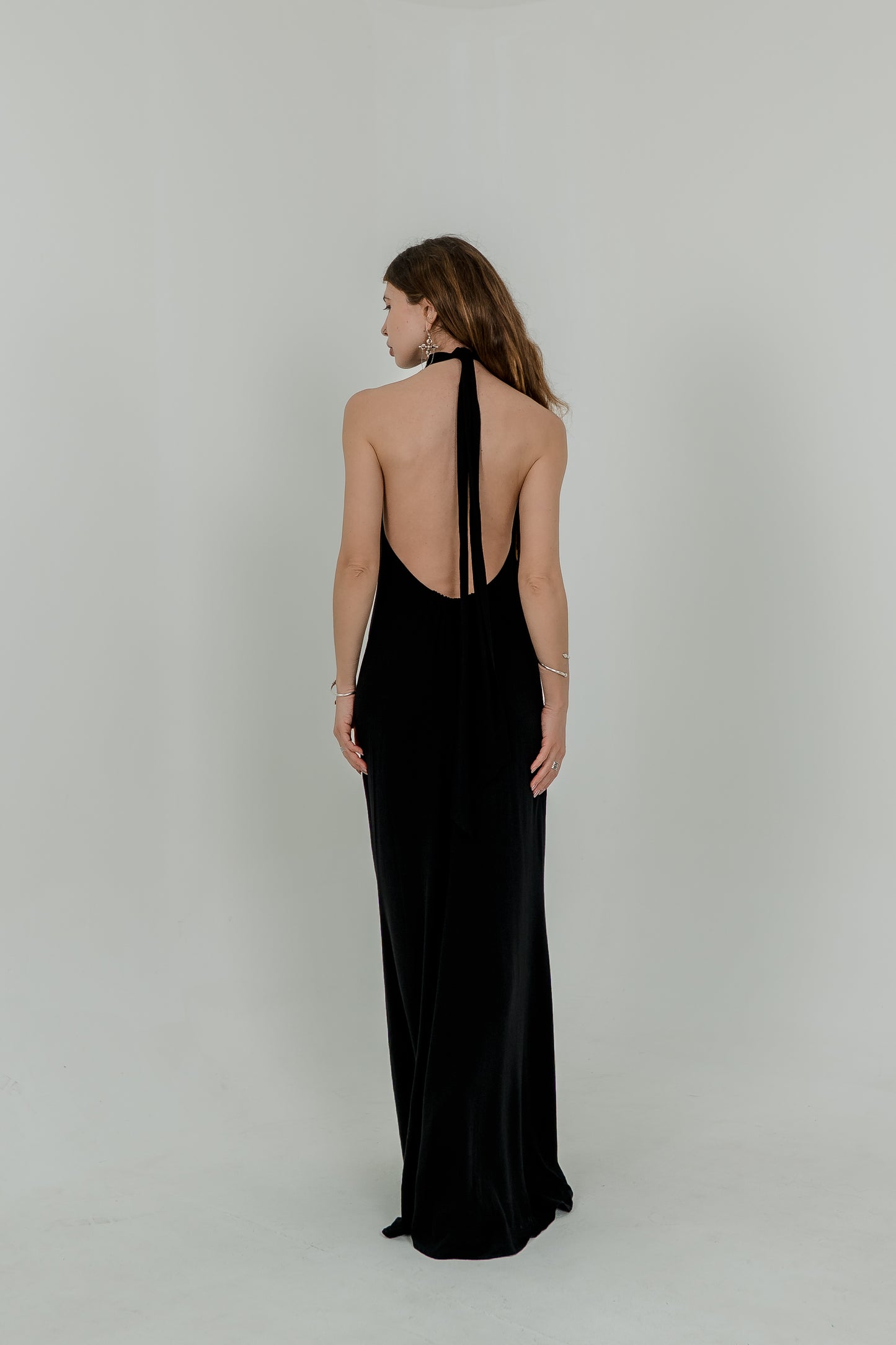 Black Maxi Viscose Dress — High Neck & Open Back