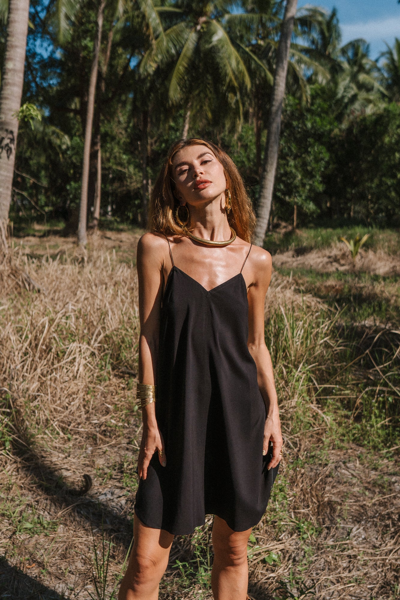 Women mini black slip dress with floral print