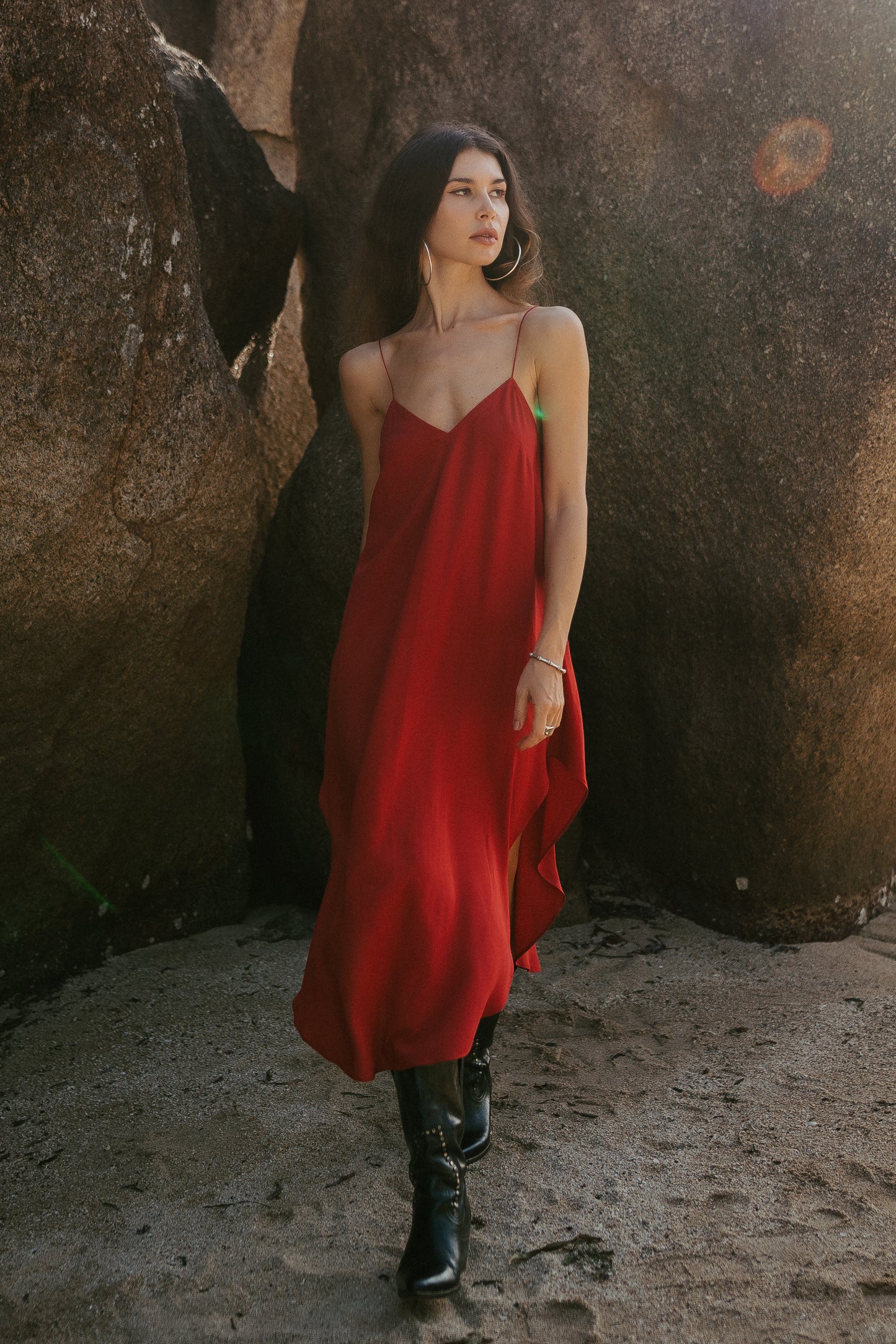 Red midi slip dress with open back