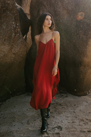 Red midi slip dress with open back