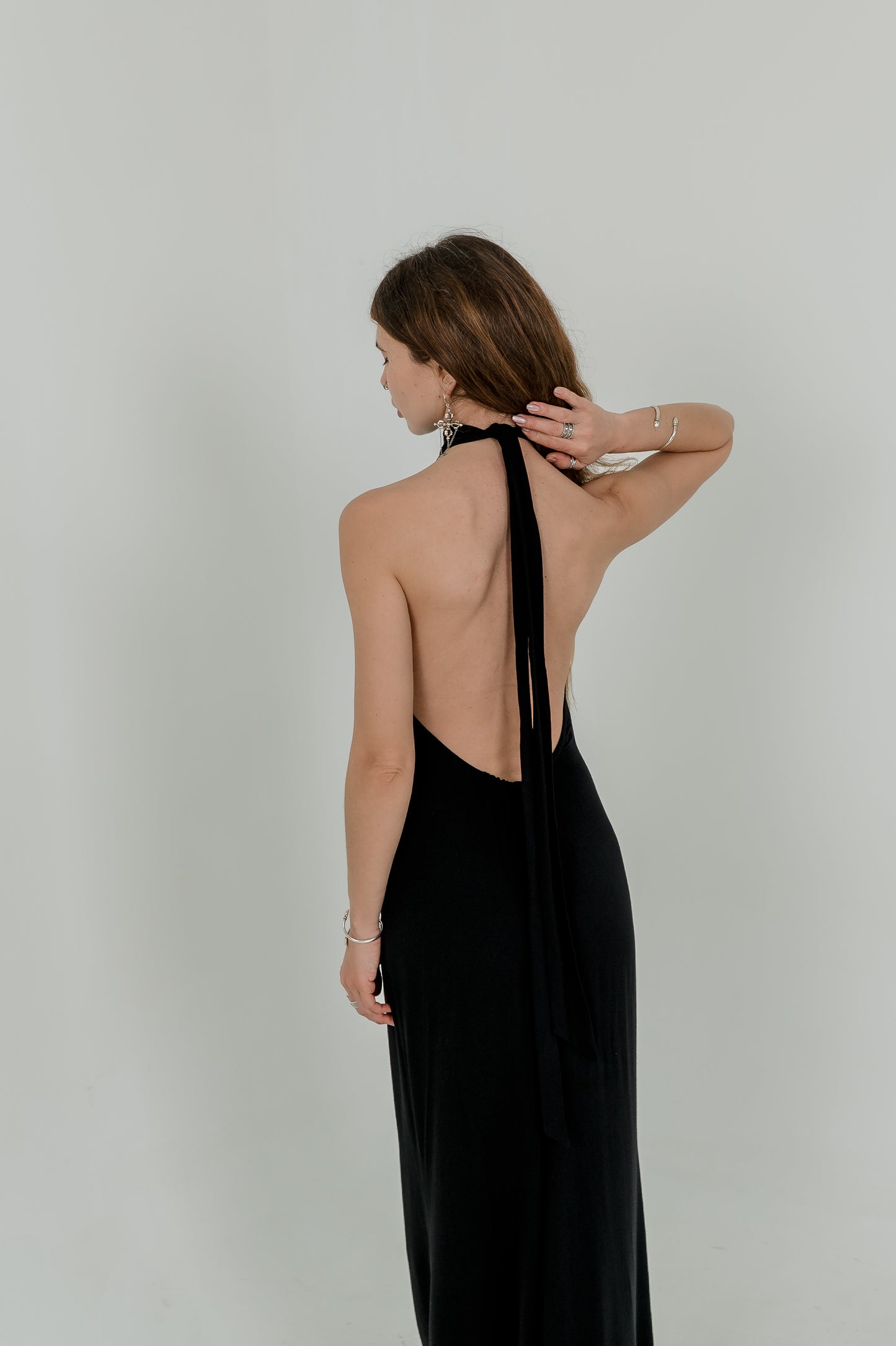 Black Maxi Viscose Dress — High Neck & Open Back