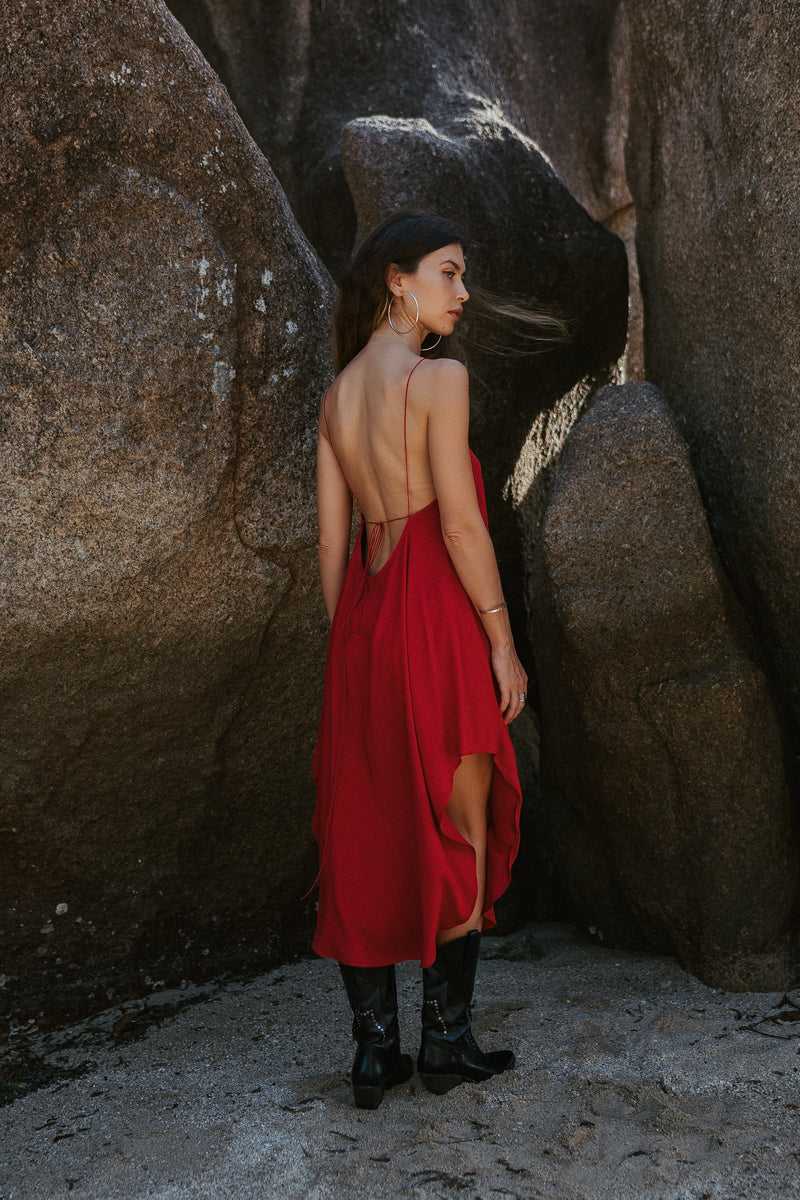 Red midi slip dress with open back