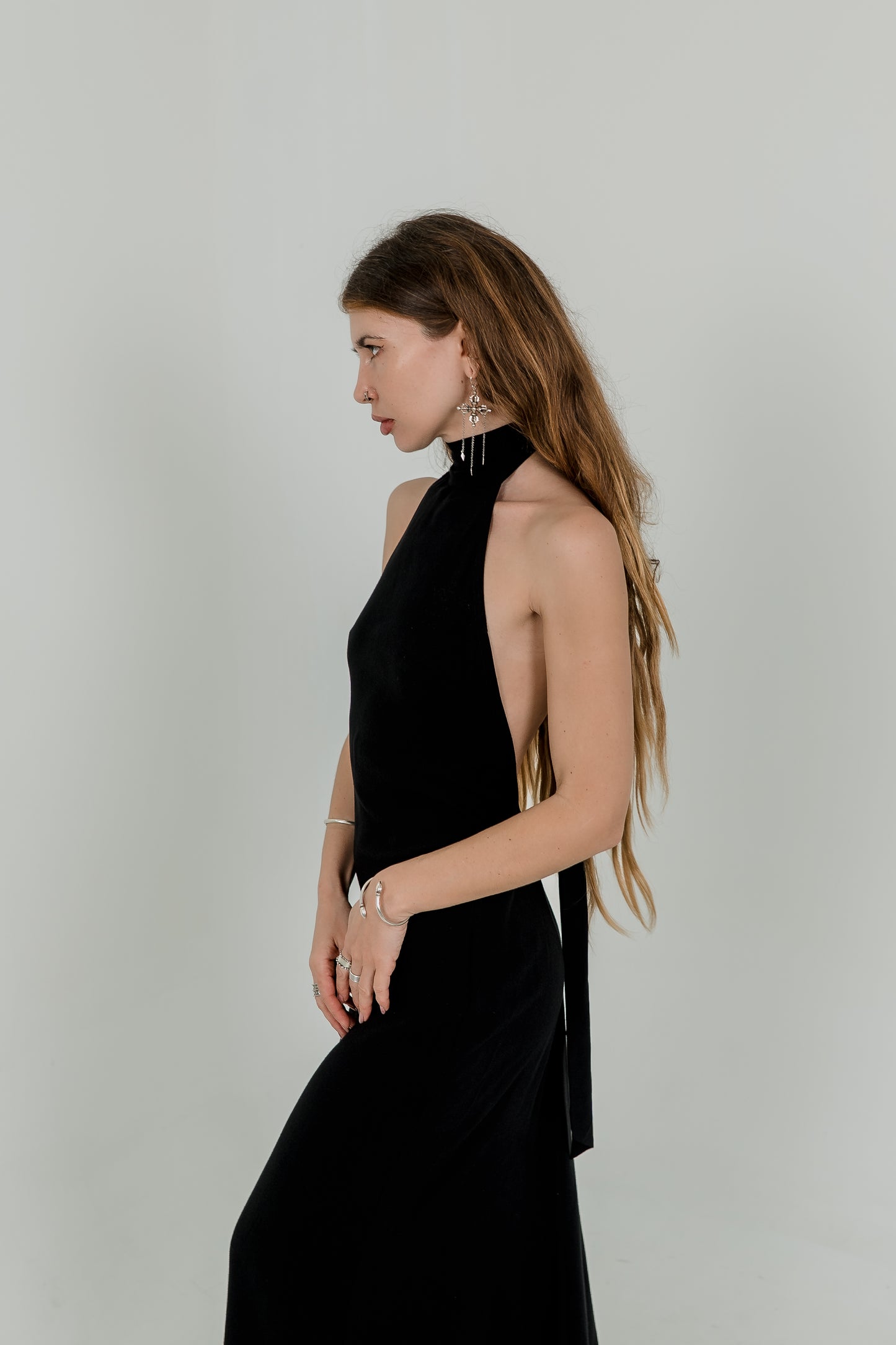 Black Maxi Viscose Dress — High Neck & Open Back