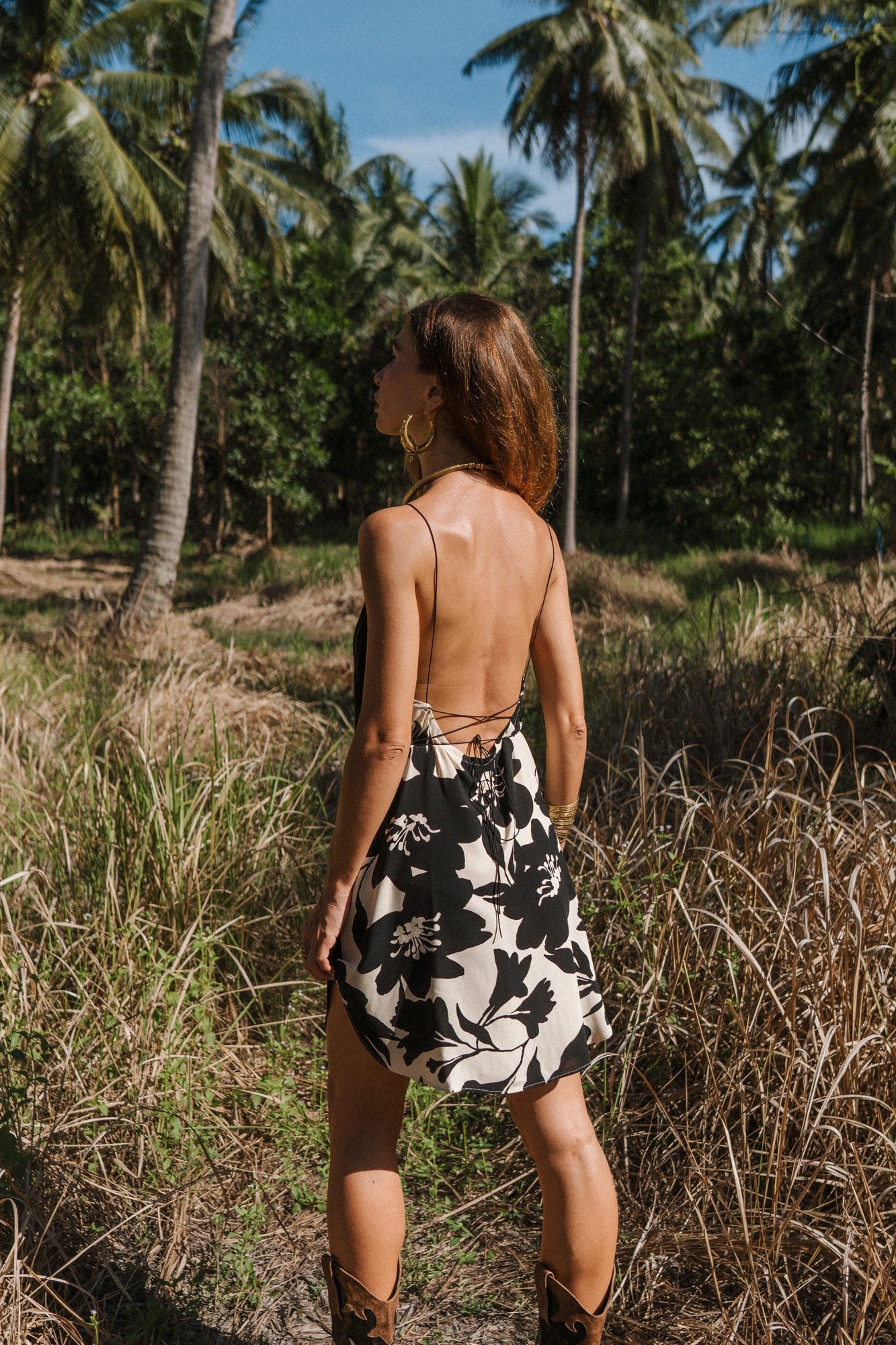 Women mini black slip dress with floral print