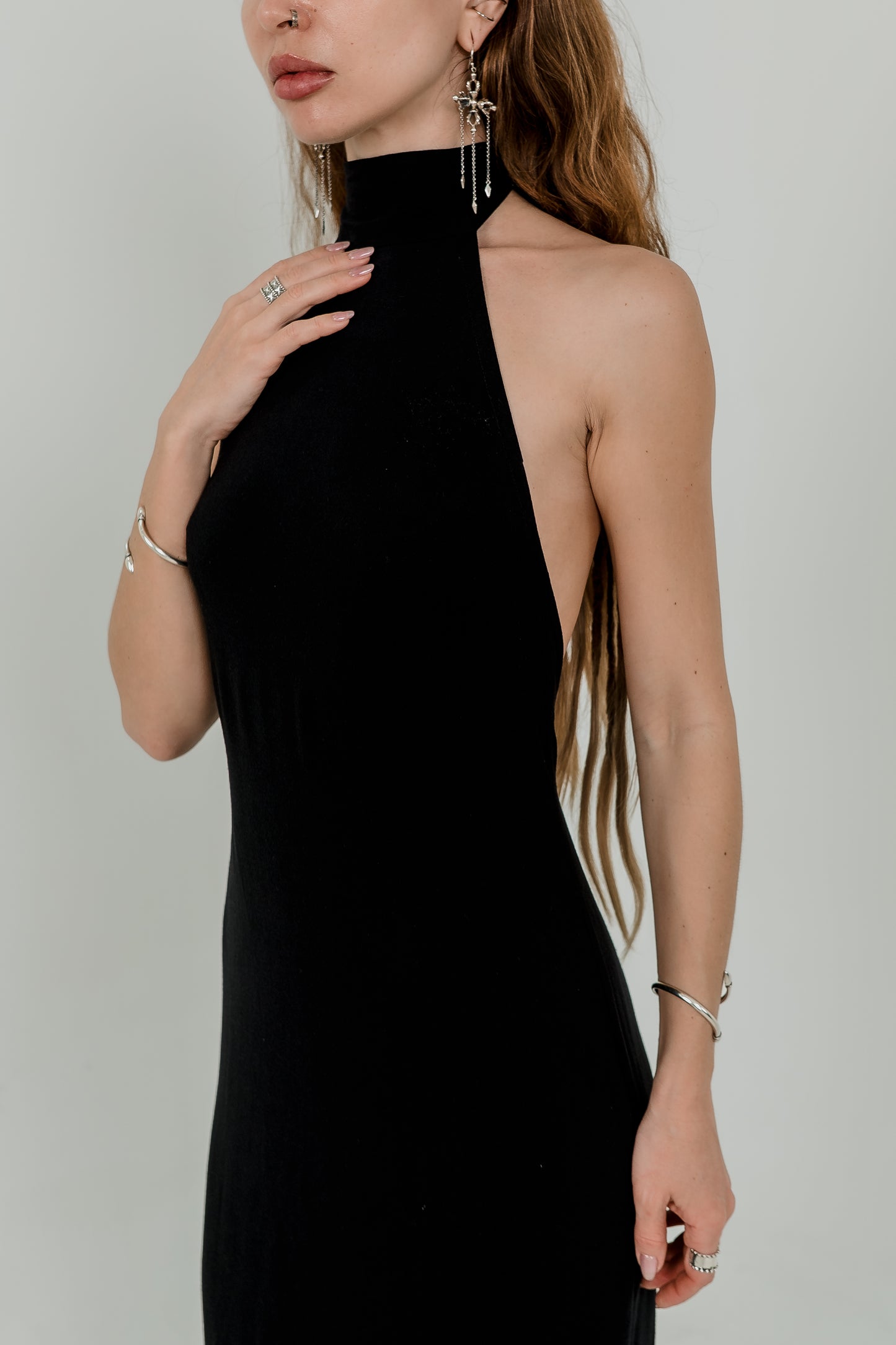 Black Maxi Viscose Dress — High Neck & Open Back
