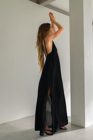 Black Maxi Viscose Dress – Open Back & Side Slit