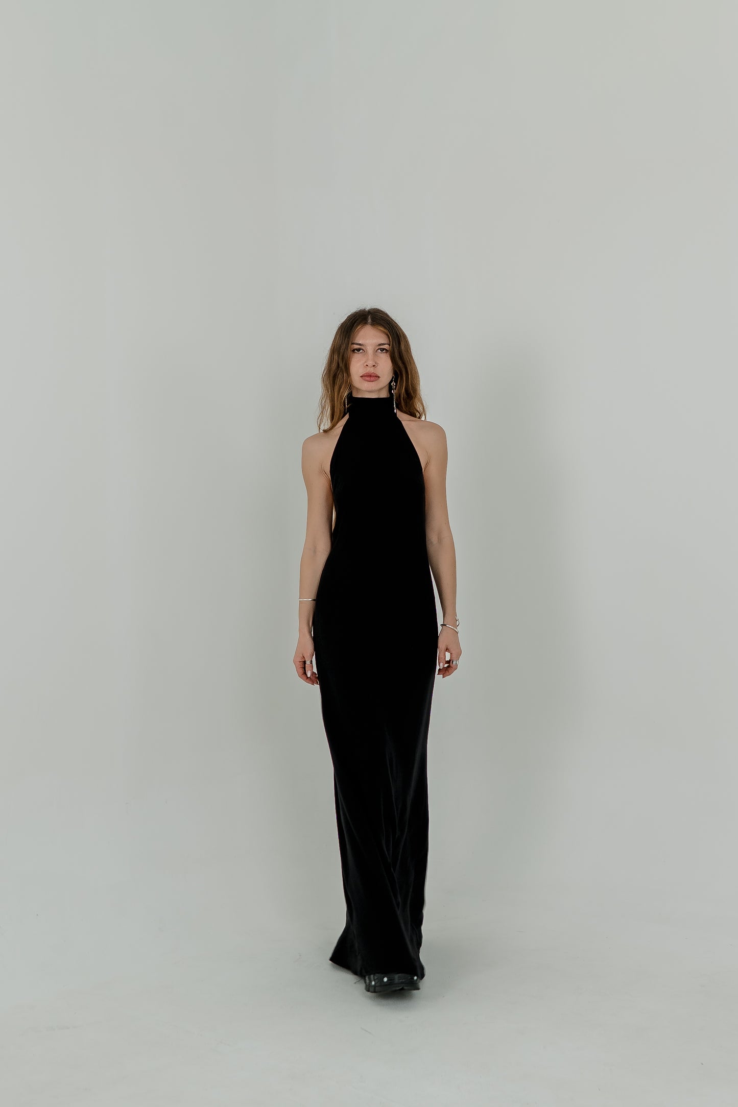 Black Maxi Viscose Dress — High Neck & Open Back