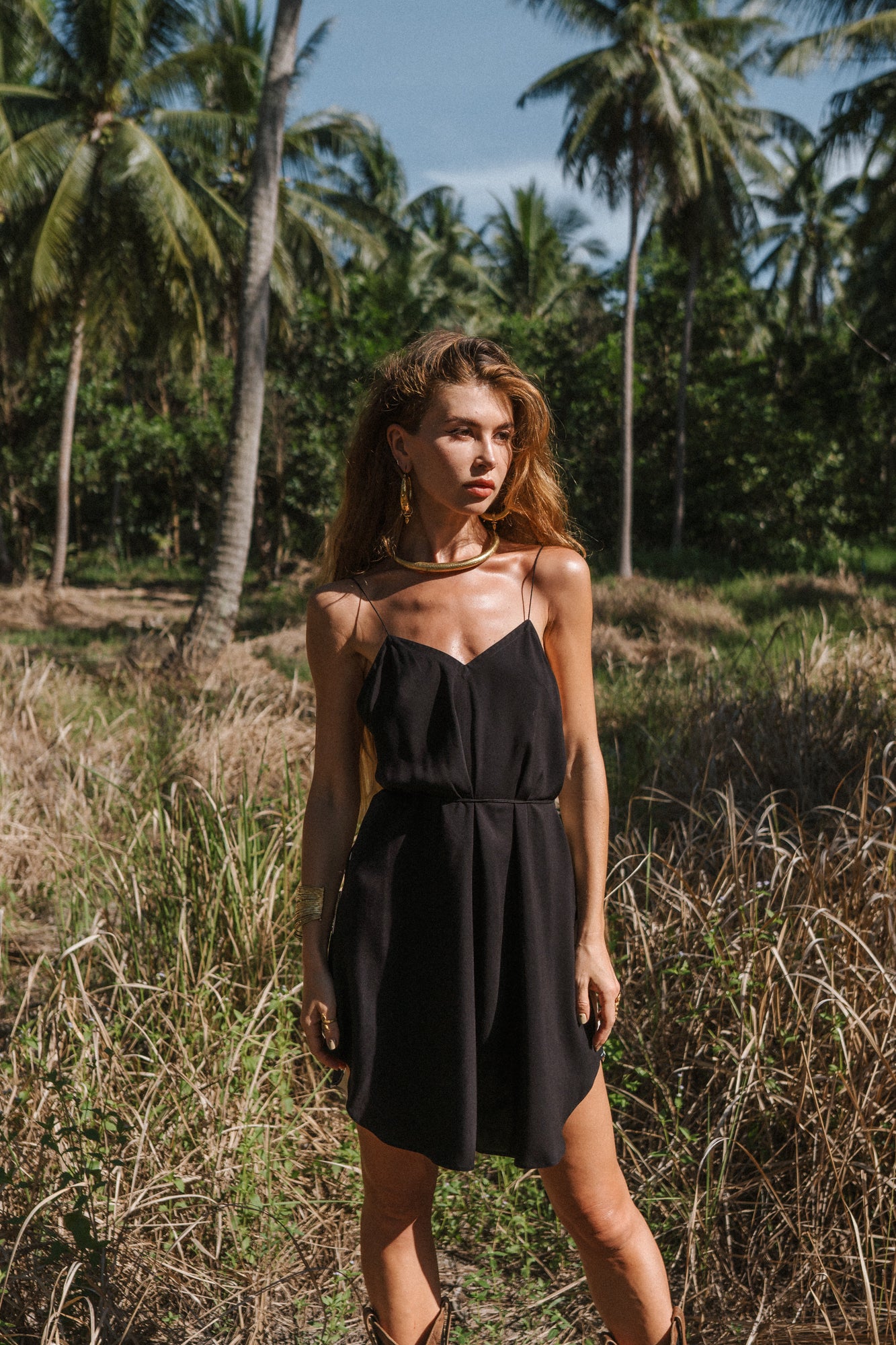 Women mini black slip dress with floral print