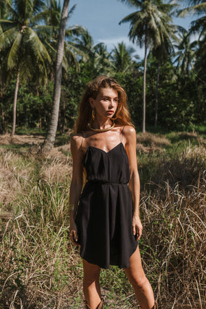 Women mini black slip dress with floral print
