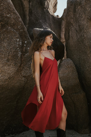 Red midi slip dress with open back