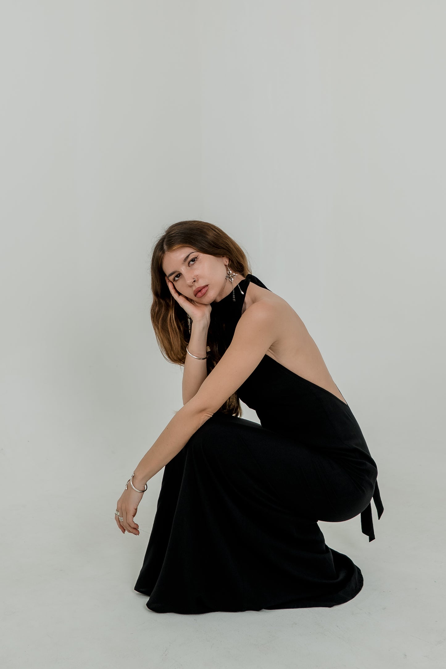 Black Maxi Viscose Dress — High Neck & Open Back