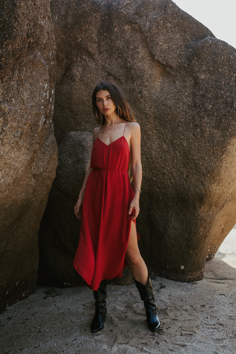 Red midi slip dress with open back