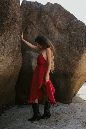 Red midi slip dress with open back