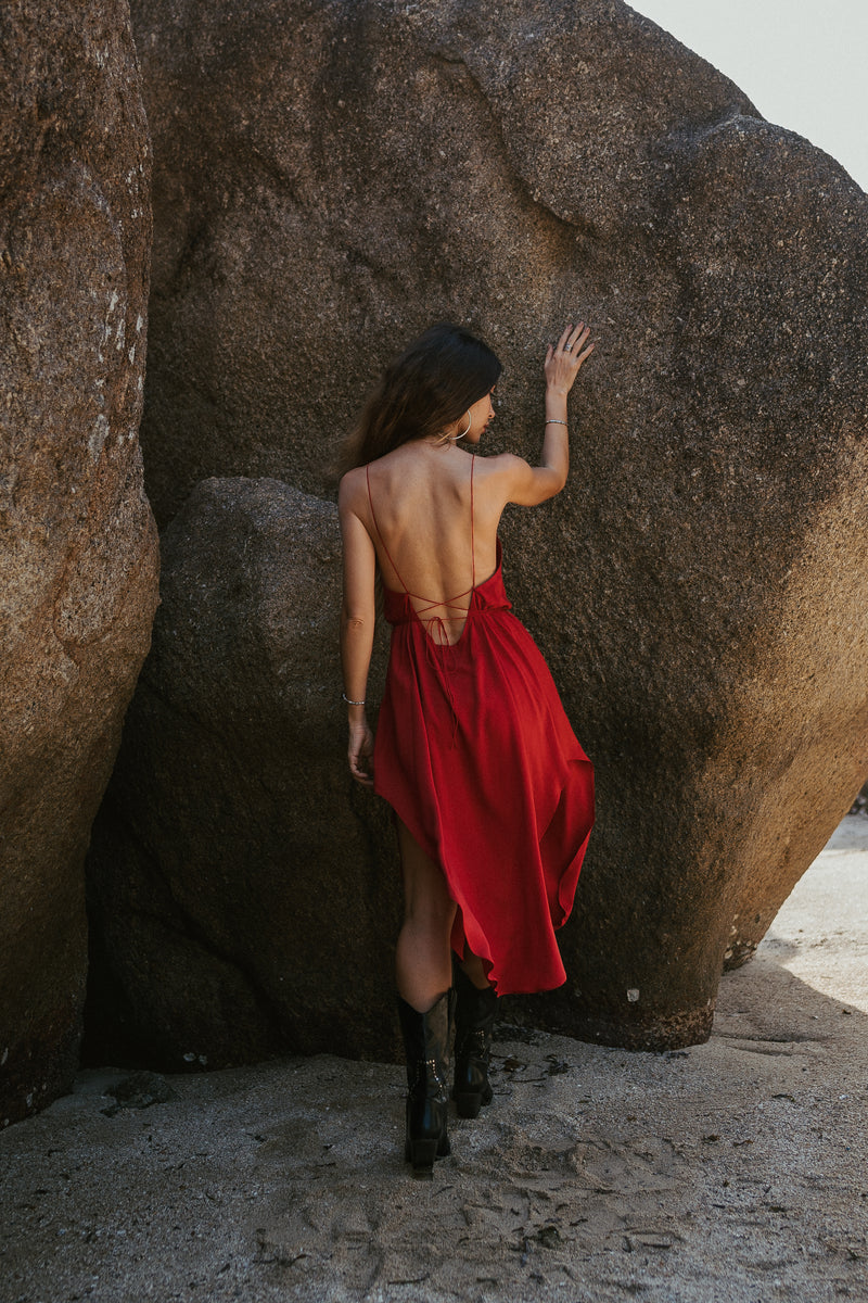 Red midi slip dress with open back