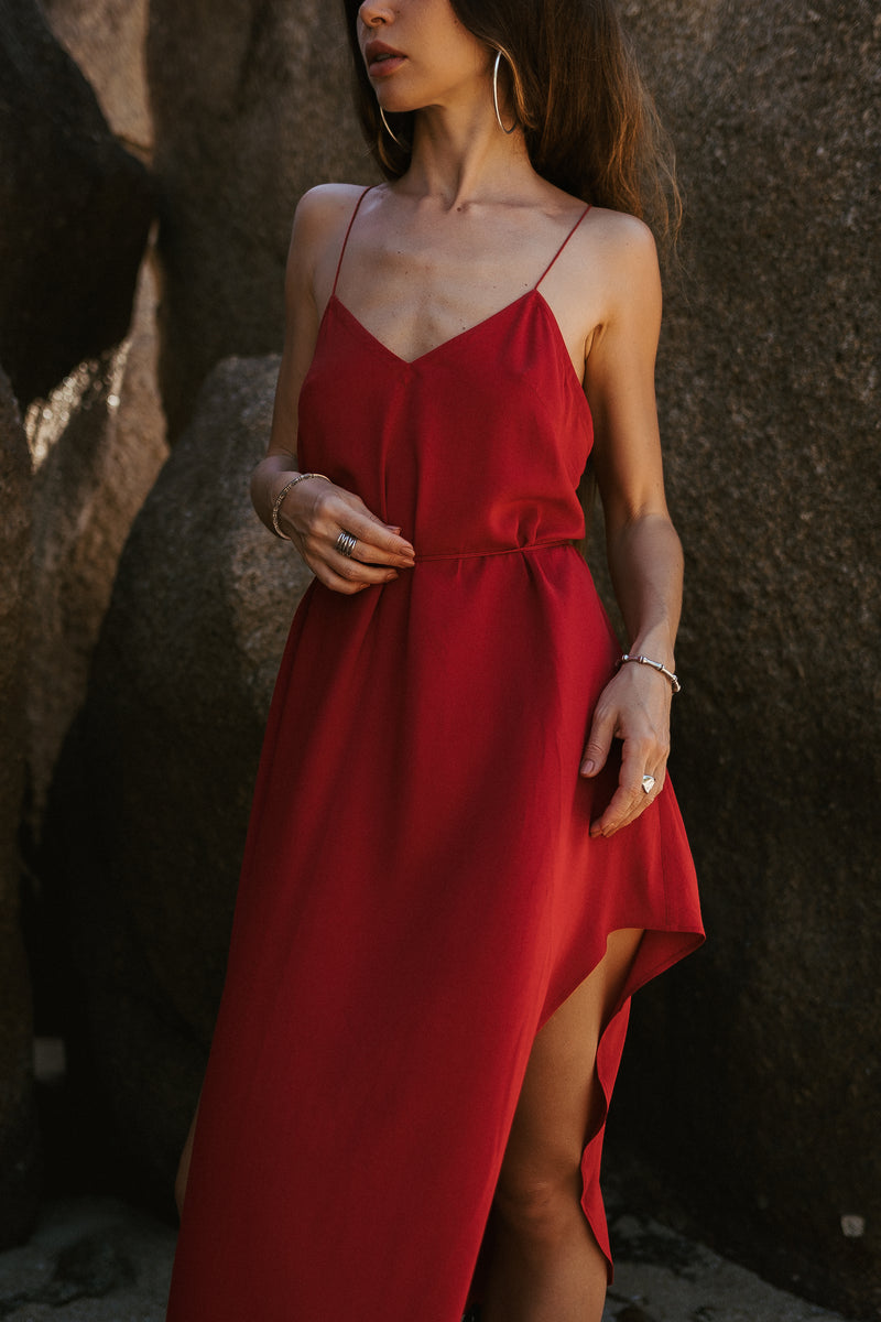 Red midi slip dress with open back