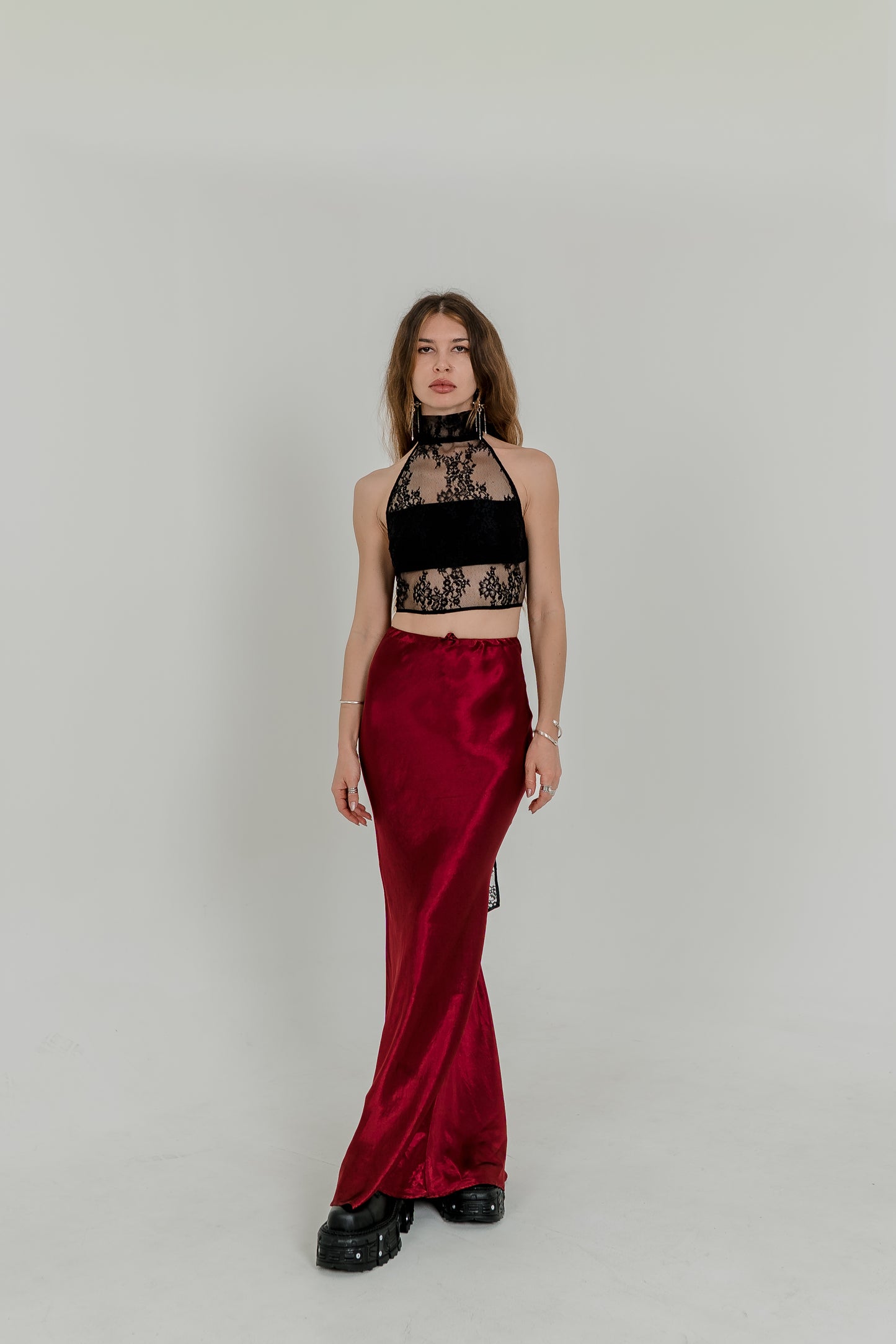 Burgundy Silky Viscose Maxi Skirt — High Waist Flowing Fit