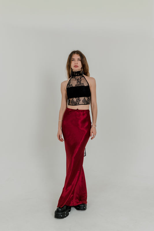 Burgundy Silky Viscose Maxi Skirt — High Waist Flowing Fit