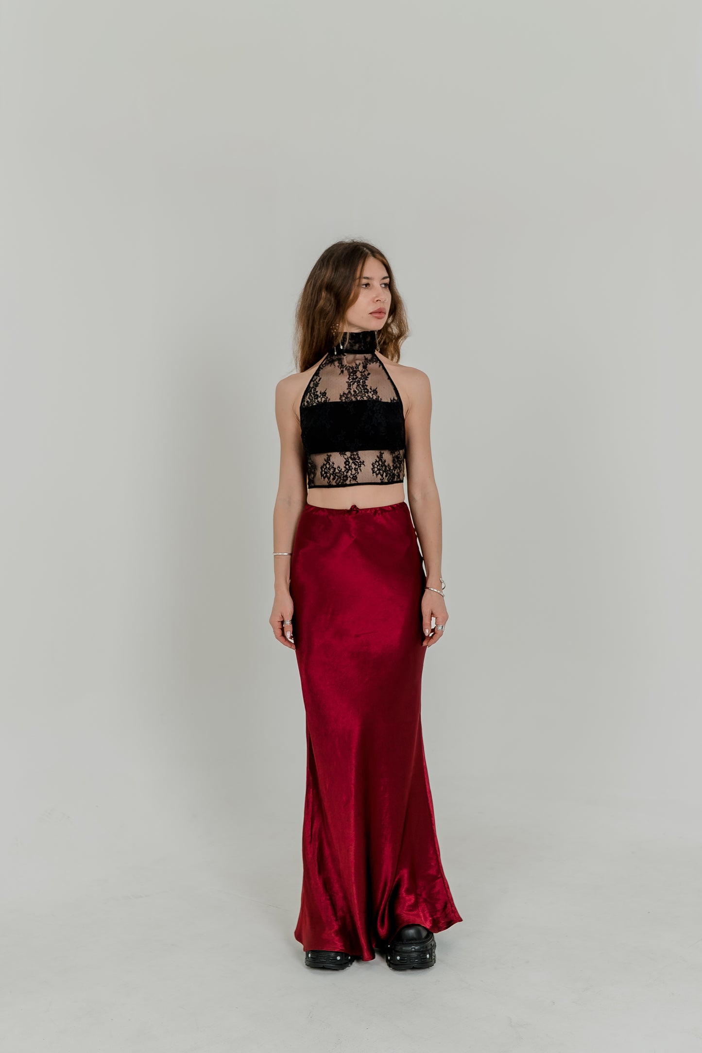 Burgundy Silky Viscose Maxi Skirt — High Waist Flowing Fit