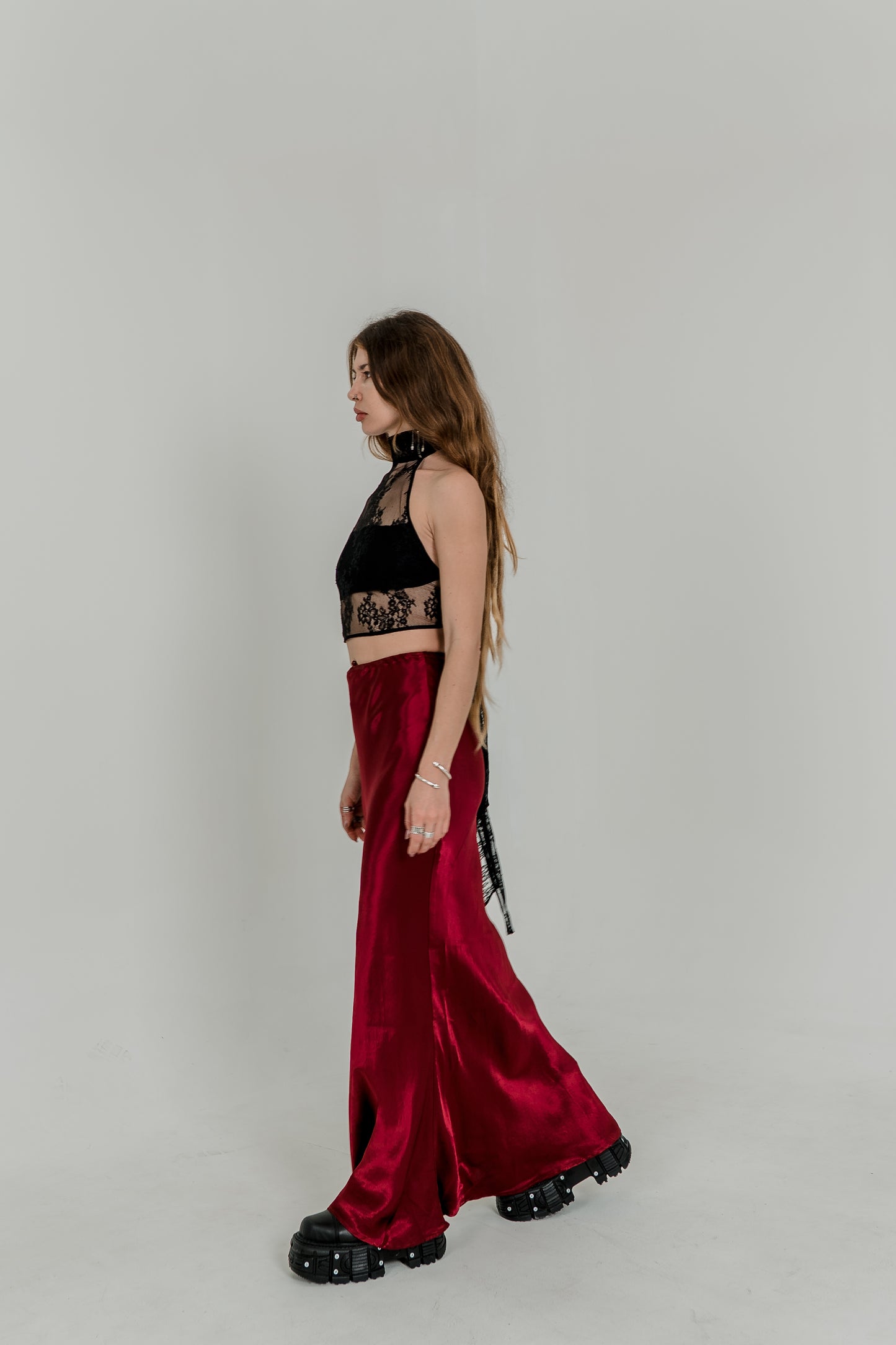 Burgundy Silky Viscose Maxi Skirt — High Waist Flowing Fit