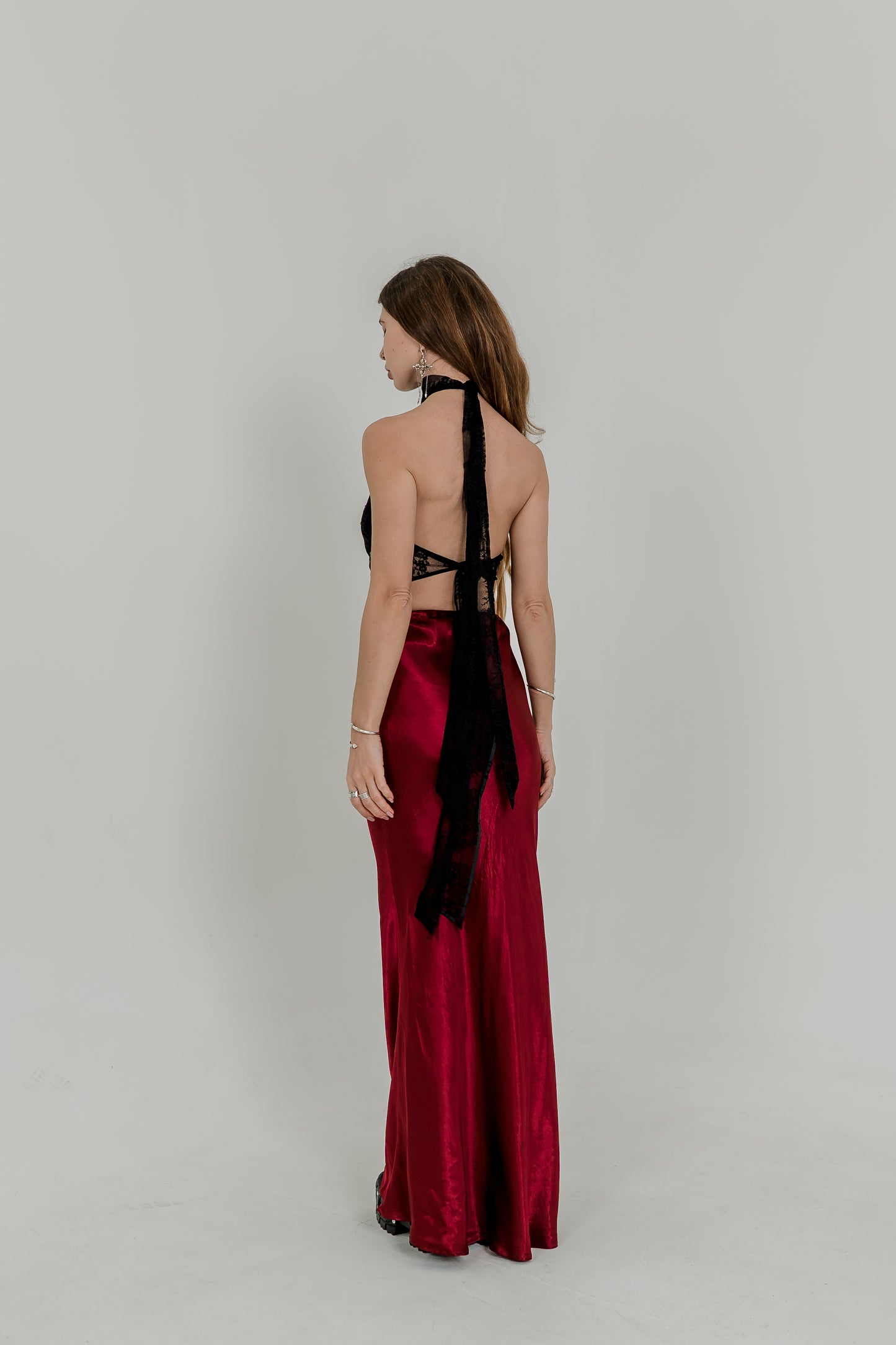 Burgundy Silky Viscose Maxi Skirt — High Waist Flowing Fit