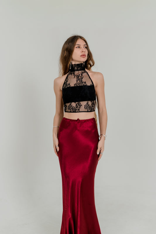 Lace High-Neck Crochet Top – Open Back & Fabric Ties