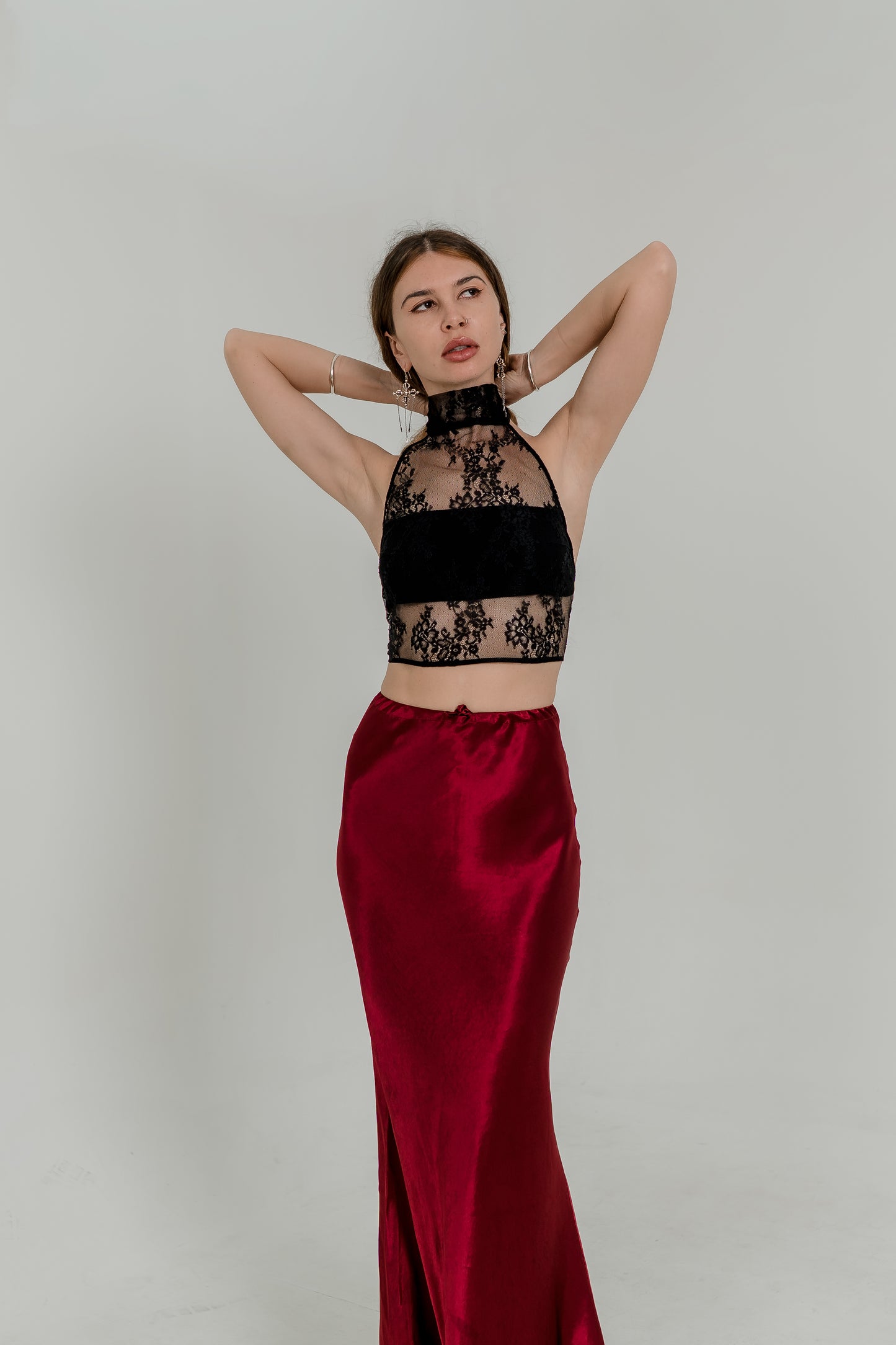 Lace High-Neck Crochet Top – Open Back & Fabric Ties