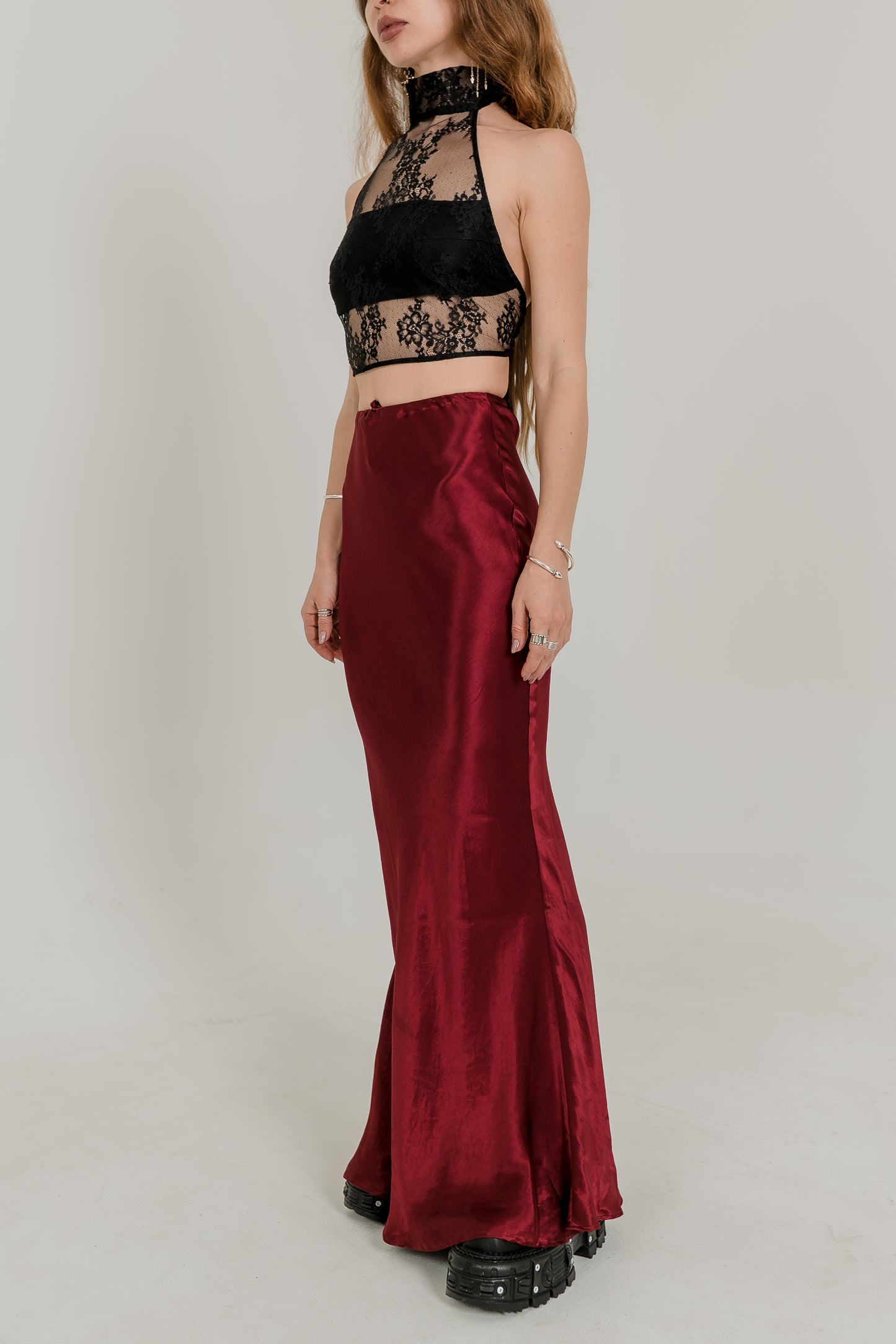 Burgundy Silky Viscose Maxi Skirt — High Waist Flowing Fit