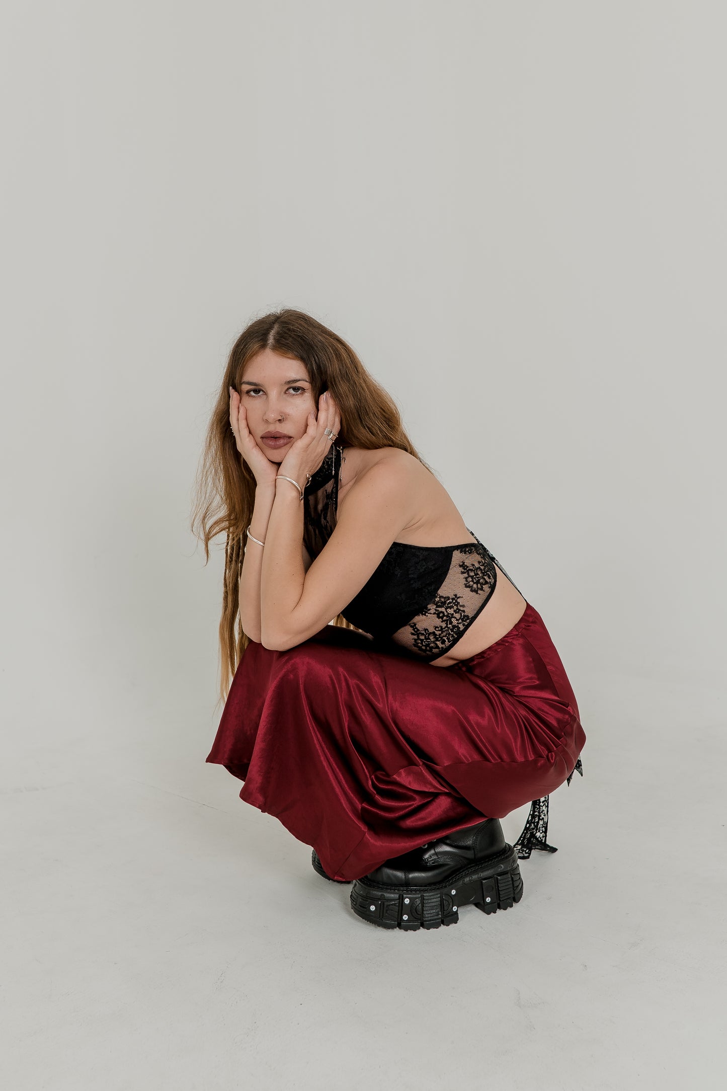 Burgundy Silky Viscose Maxi Skirt — High Waist Flowing Fit