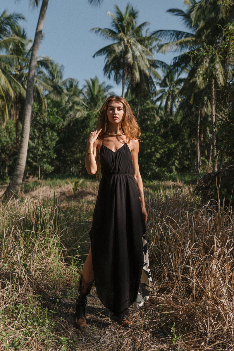 Women maxi black slip dress with flower print