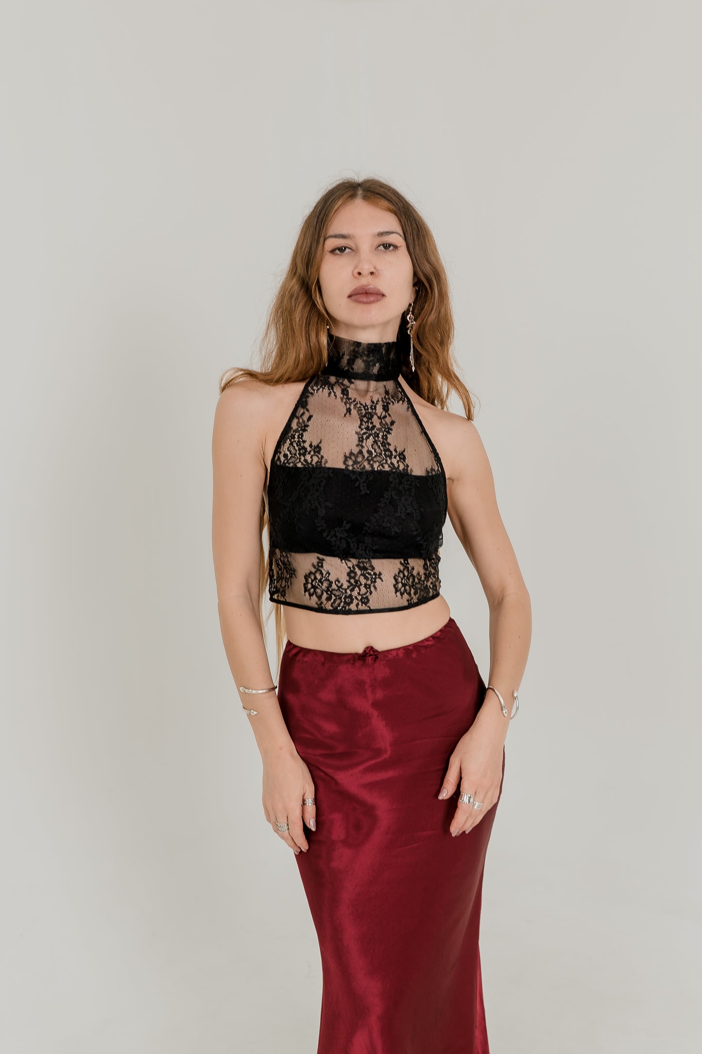Burgundy Silky Viscose Maxi Skirt — High Waist Flowing Fit