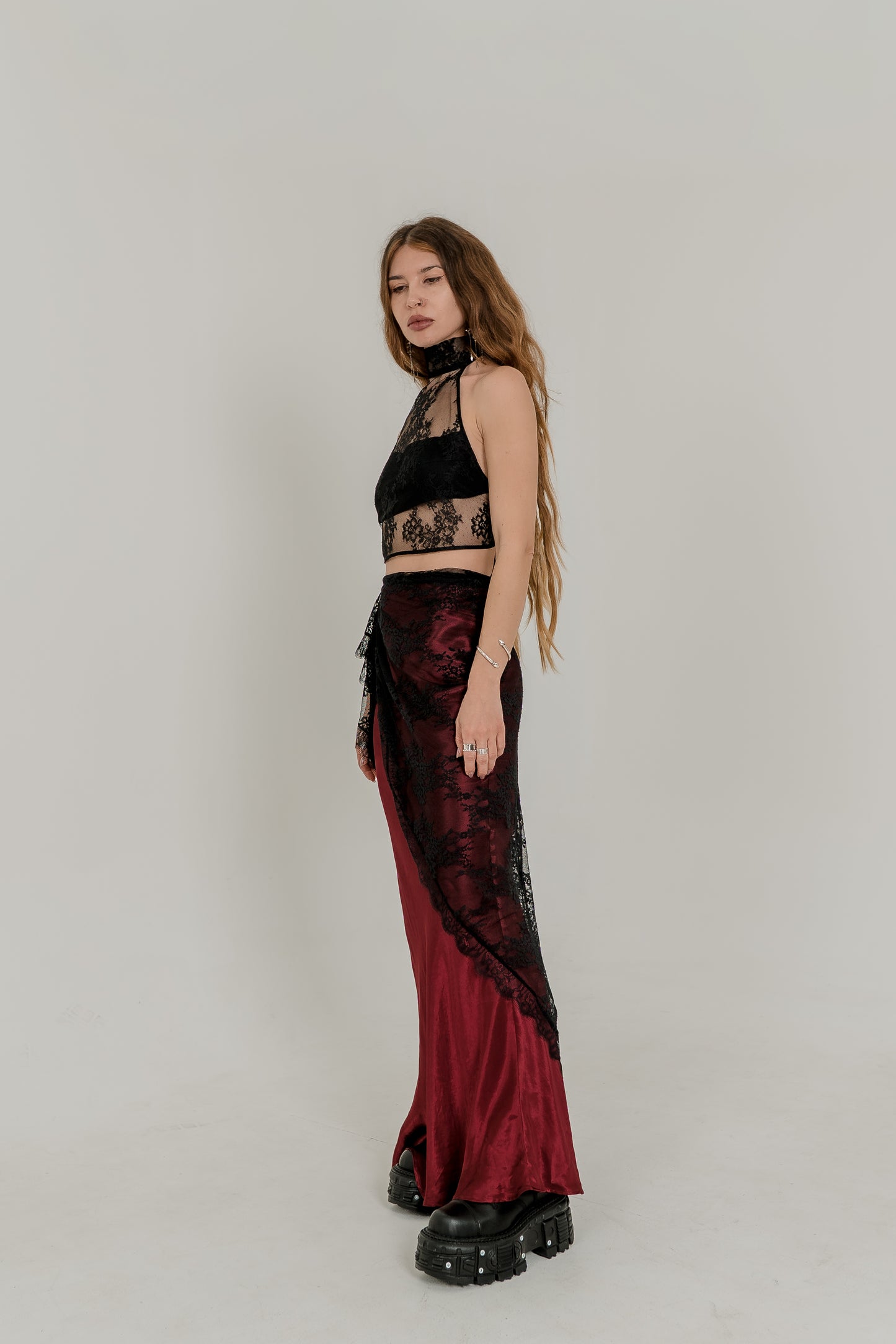 Burgundy Silky Viscose Maxi Skirt — High Waist Flowing Fit