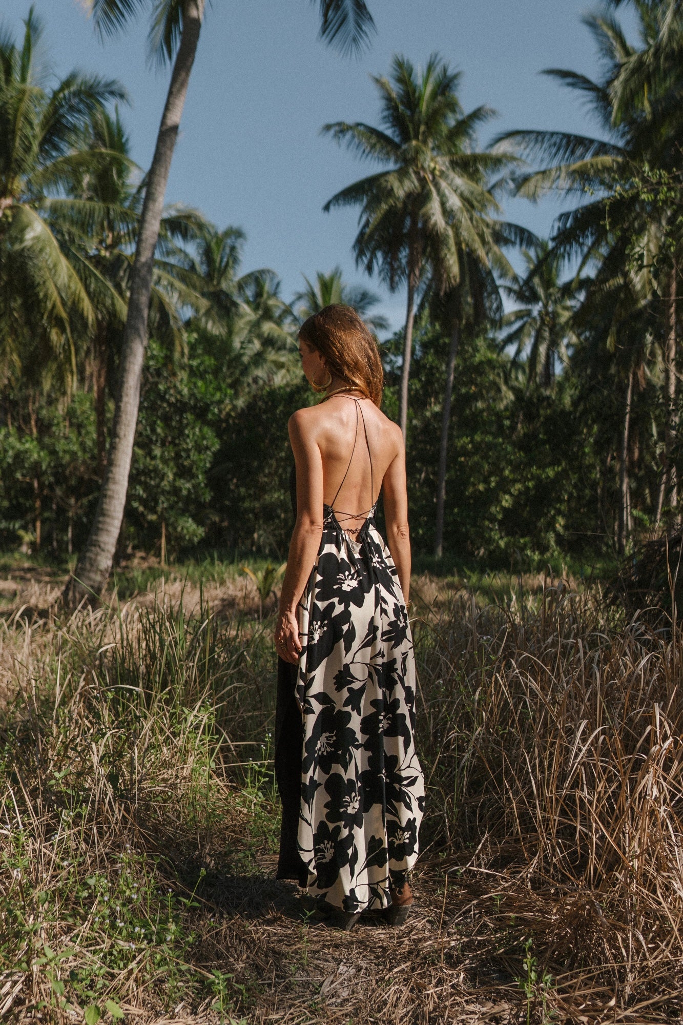 Women maxi black slip dress with flower print