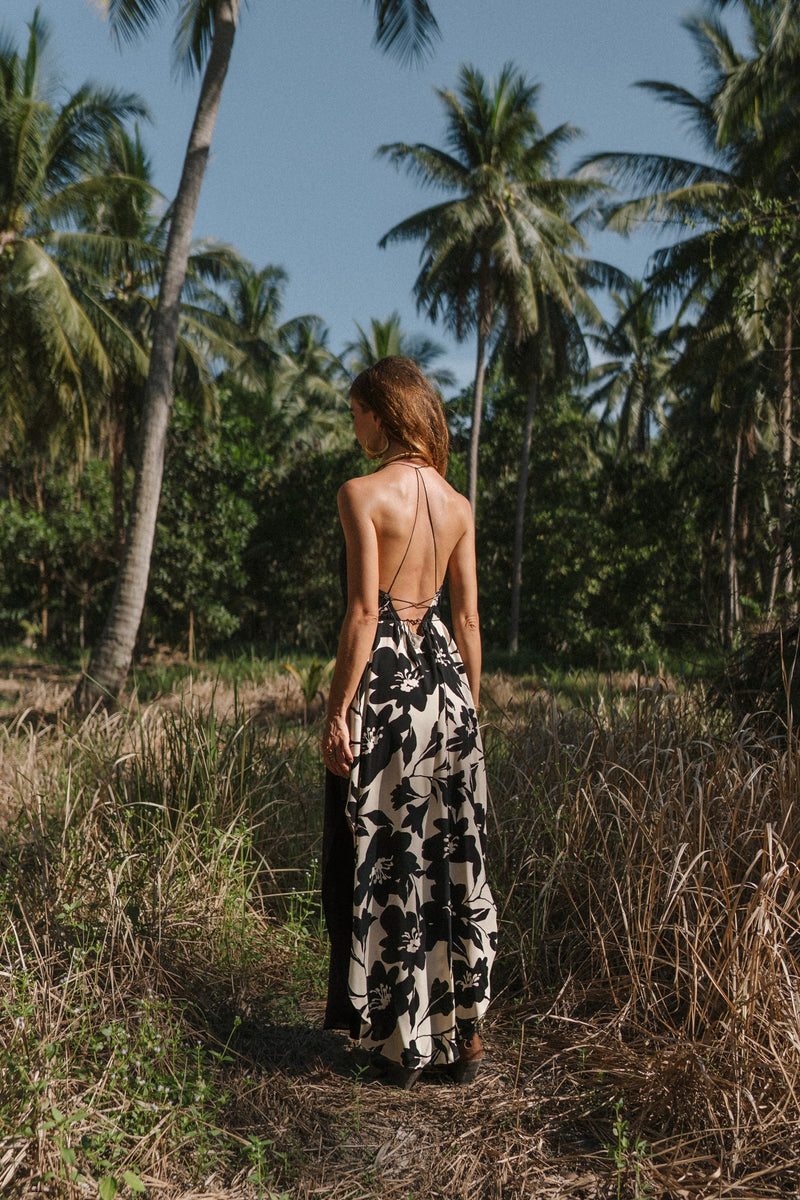 Women maxi black slip dress with flower print