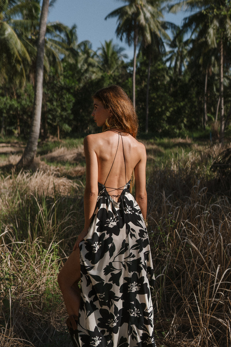 Women maxi black slip dress with flower print