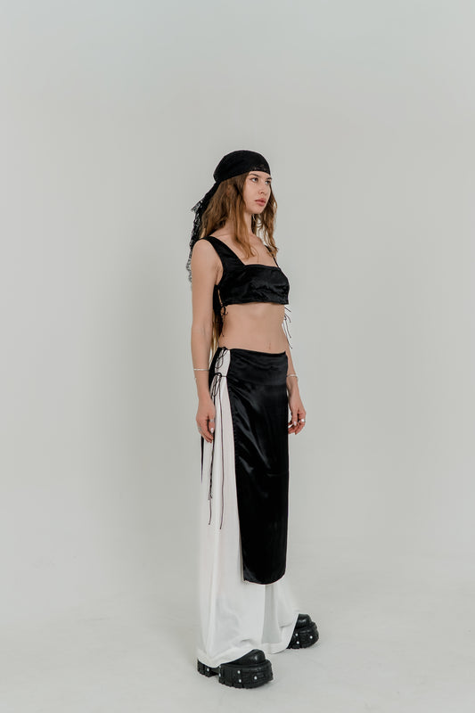 Black Viscose Crop Top & Skirt Set — Adjustable Laces