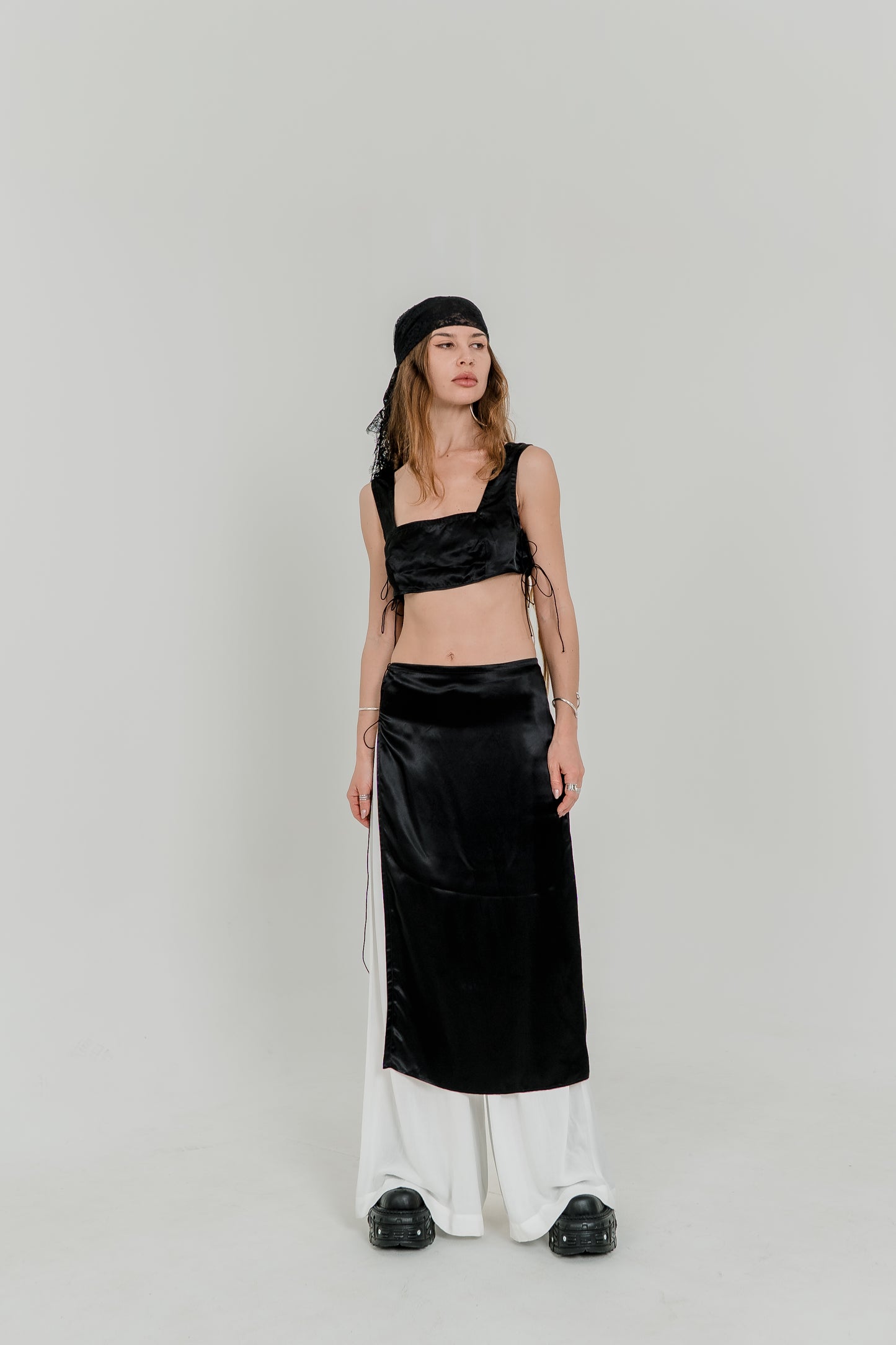Black Viscose Crop Top & Skirt Set — Adjustable Laces