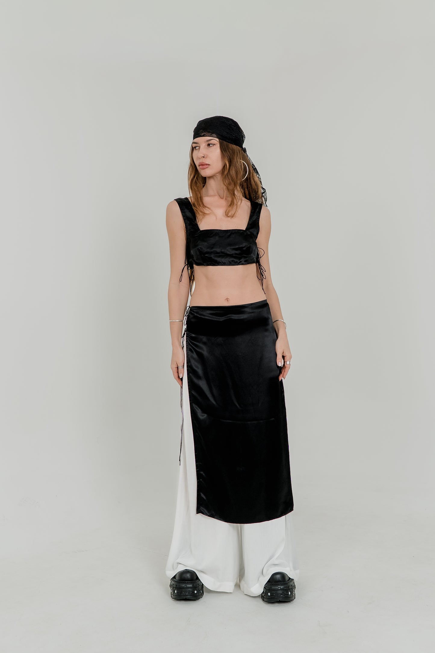 Black Viscose Crop Top & Skirt Set — Adjustable Laces