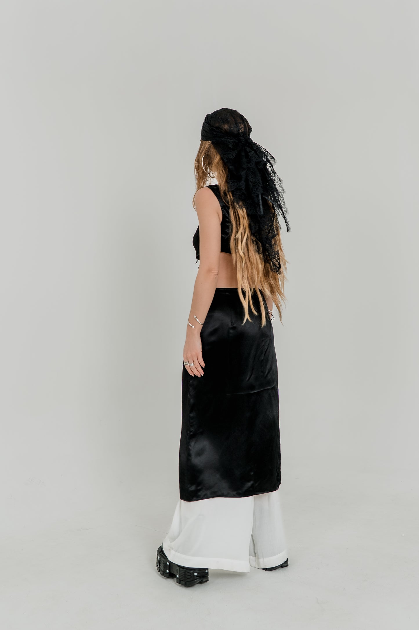 Black Viscose Crop Top & Skirt Set — Adjustable Laces