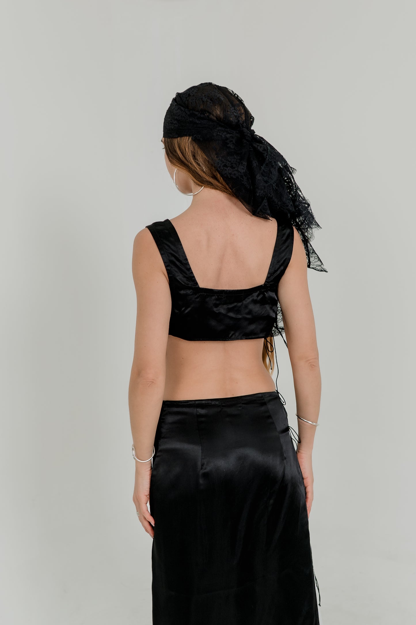 Black Viscose Crop Top & Skirt Set — Adjustable Laces