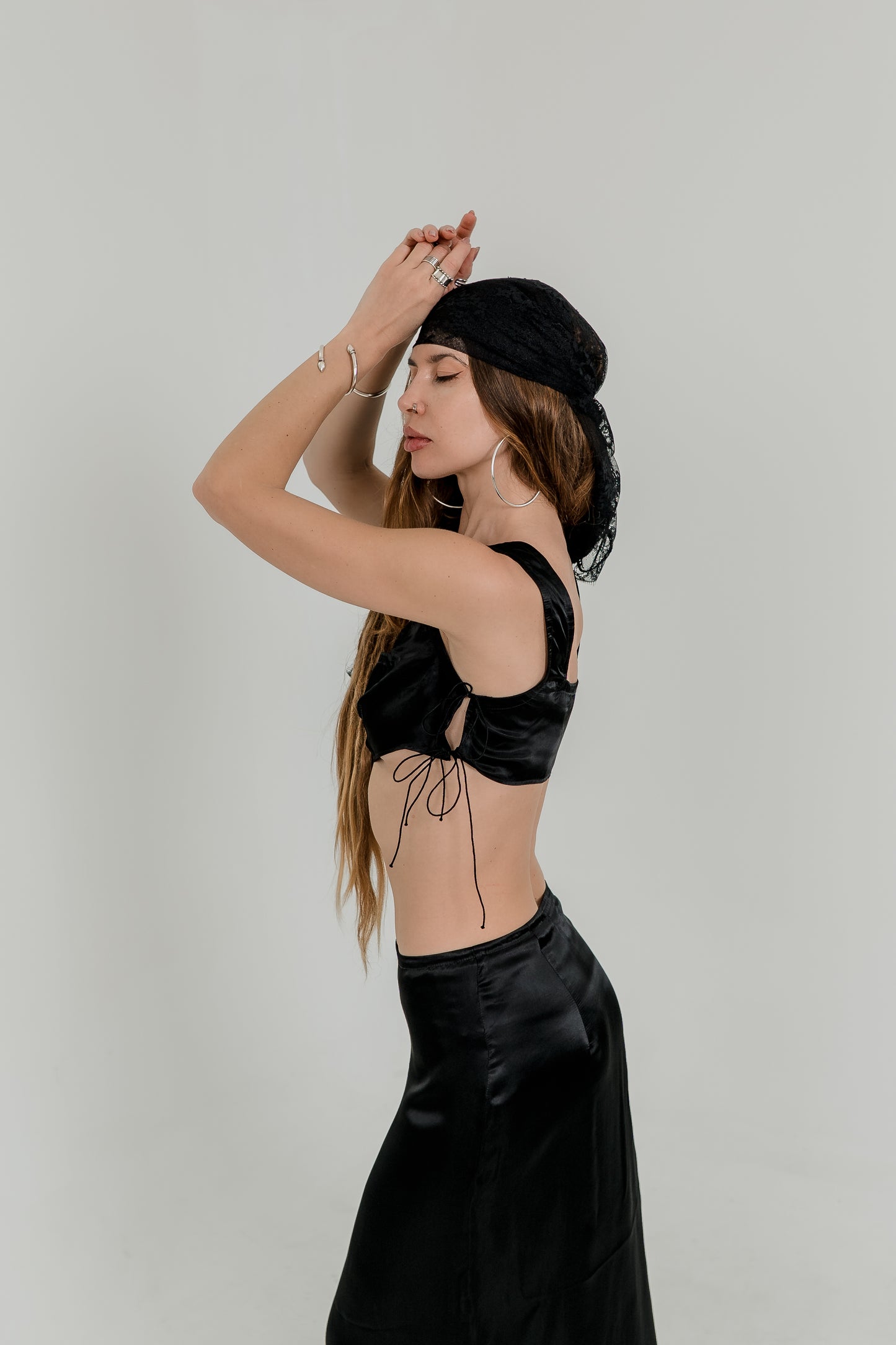 Black Viscose Crop Top & Skirt Set — Adjustable Laces