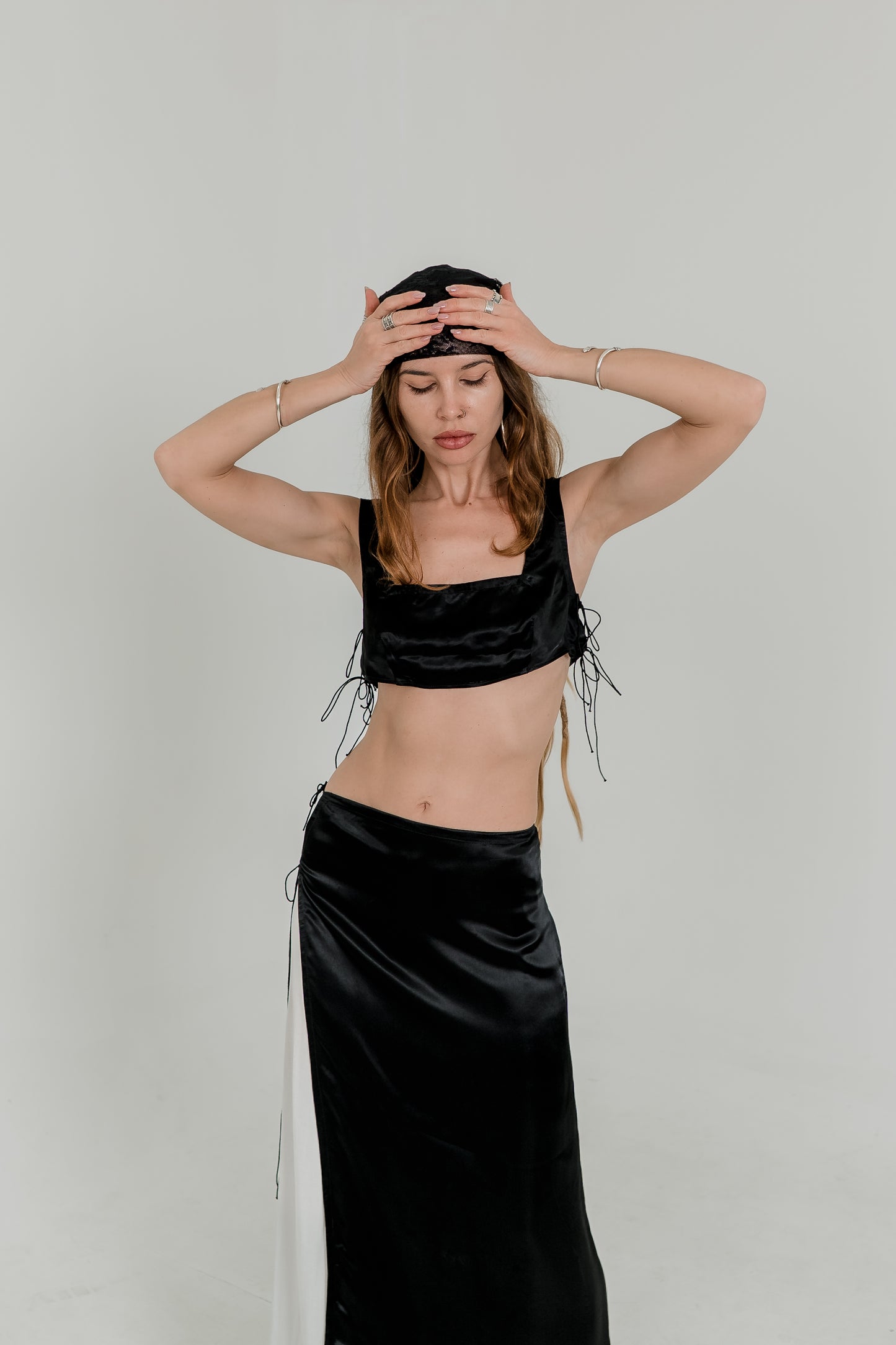Black Viscose Crop Top & Skirt Set — Adjustable Laces