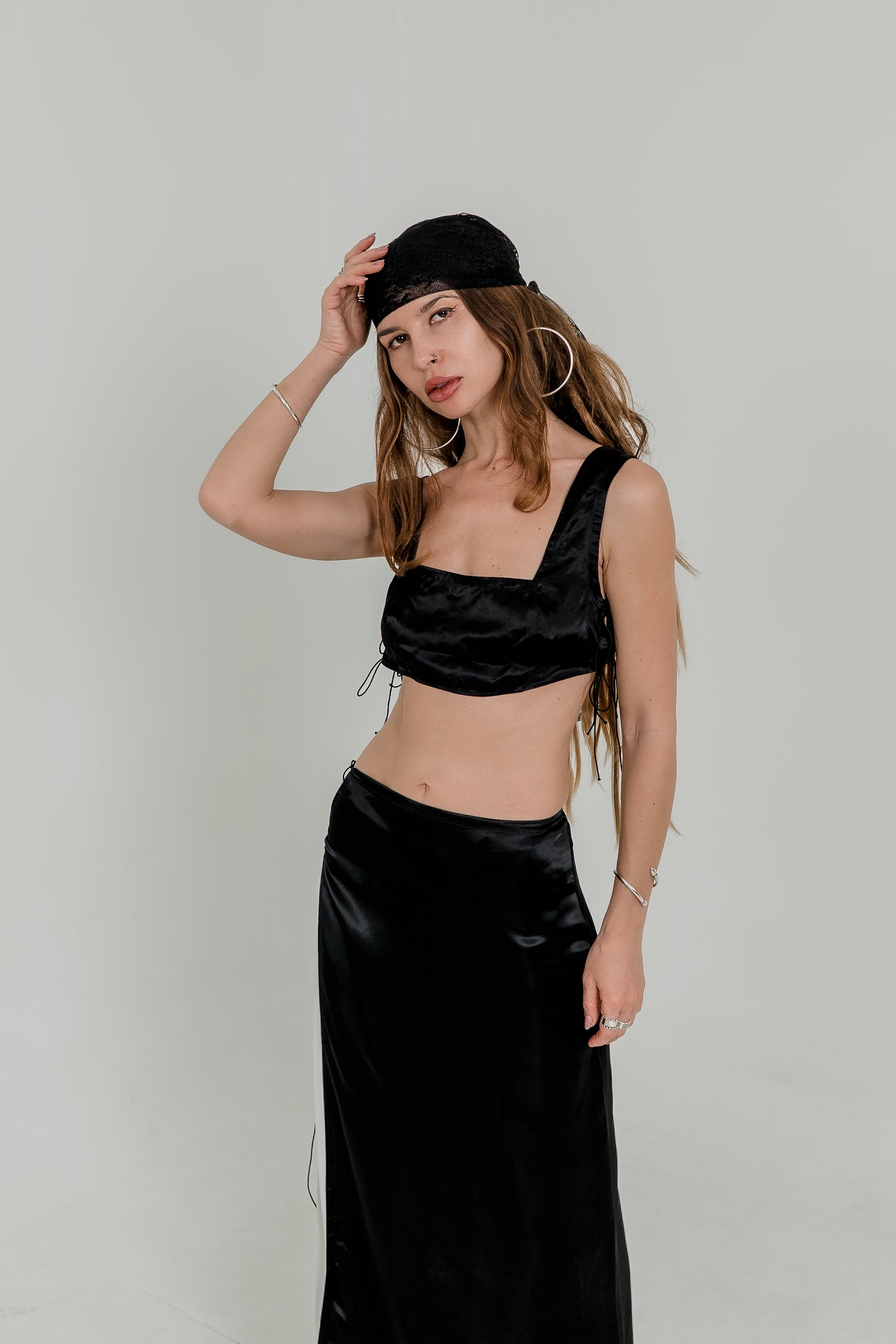 Black Viscose Crop Top & Skirt Set — Adjustable Laces