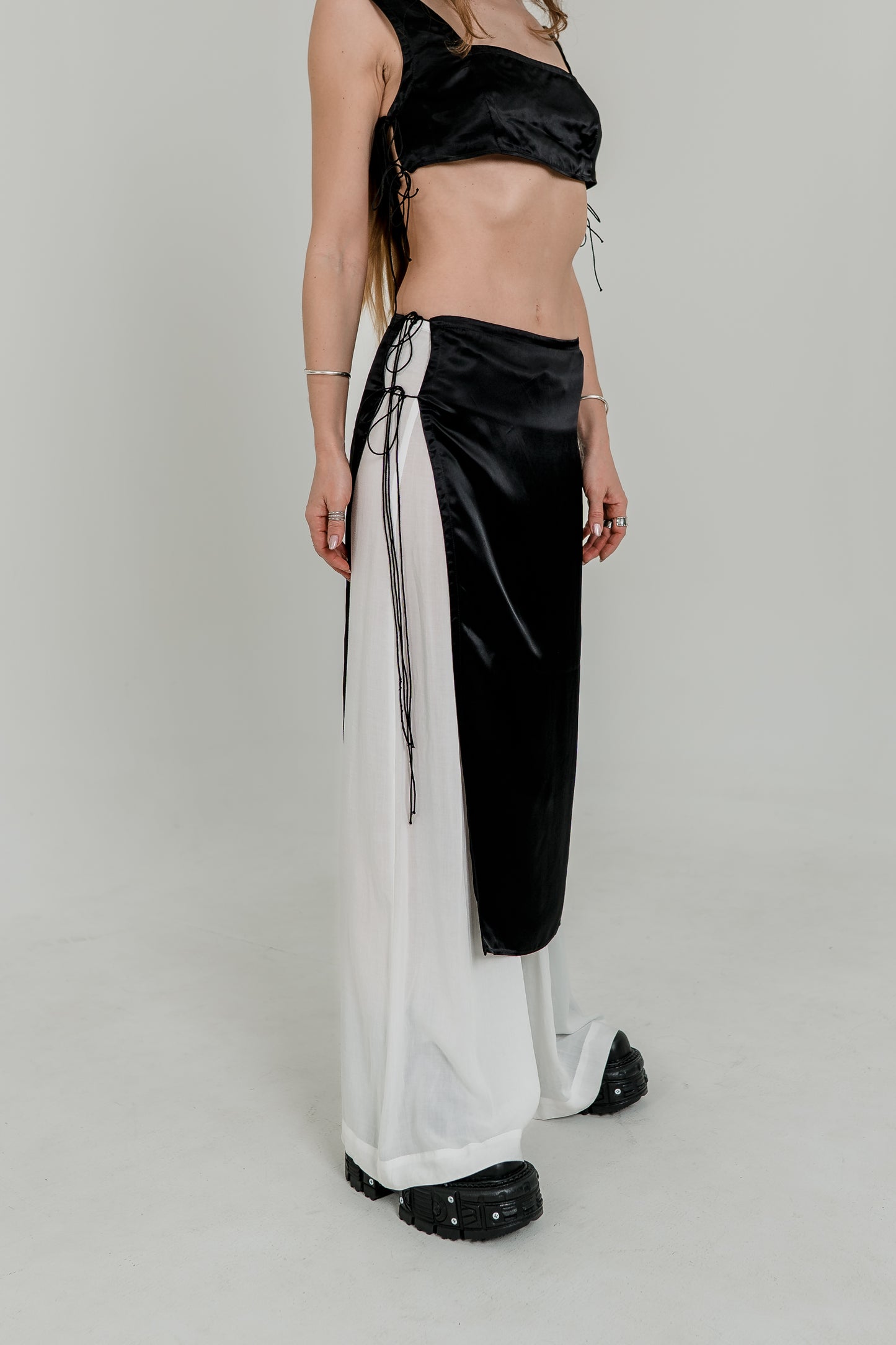 Black Viscose Crop Top & Skirt Set — Adjustable Laces