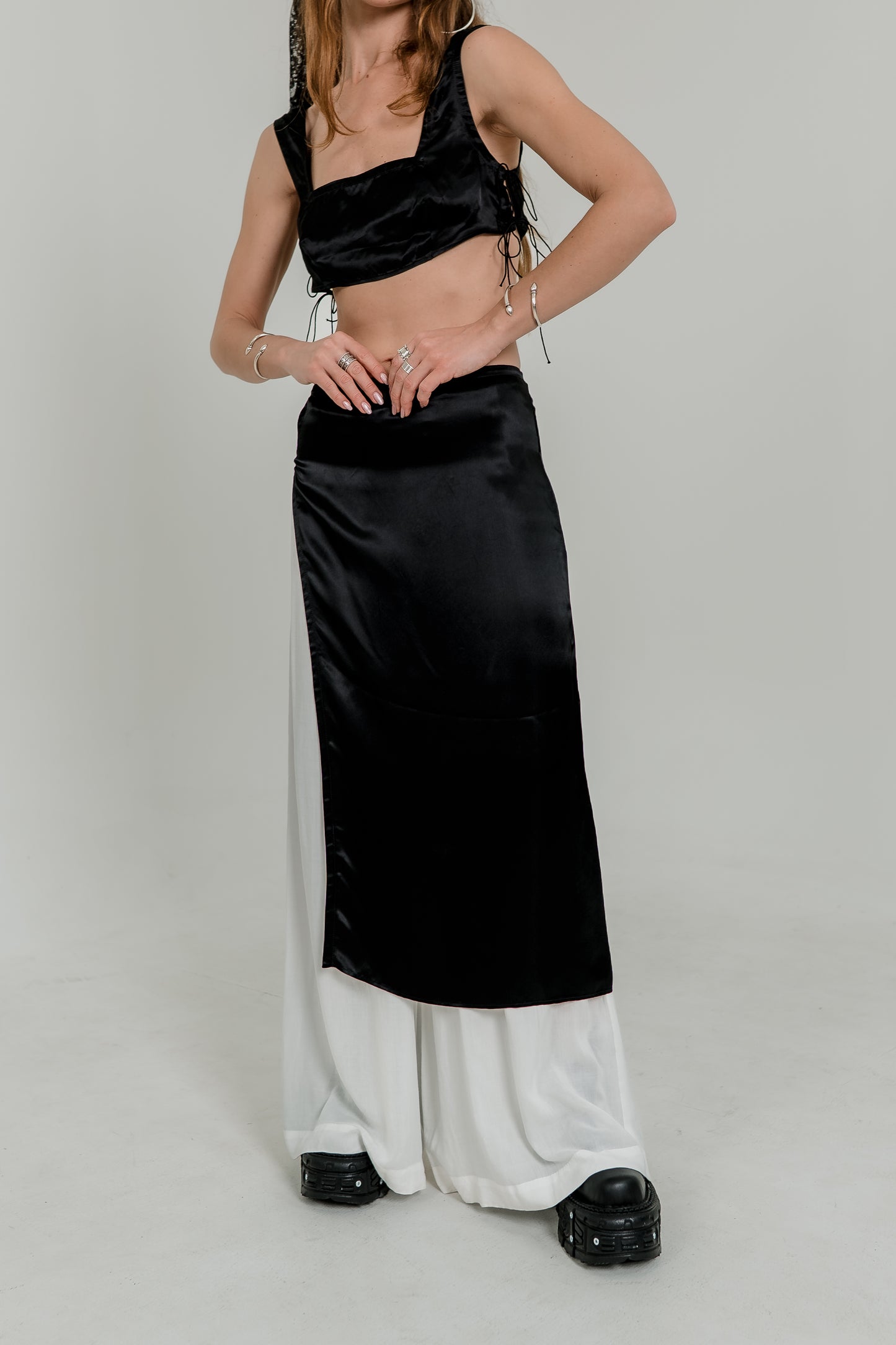 Black Viscose Crop Top & Skirt Set — Adjustable Laces