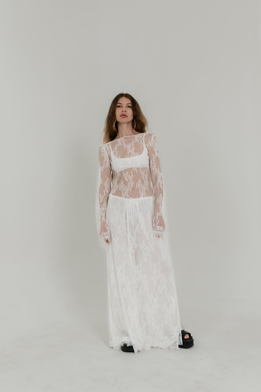White Lace Maxi Dress — Open Back & Long Sleeves